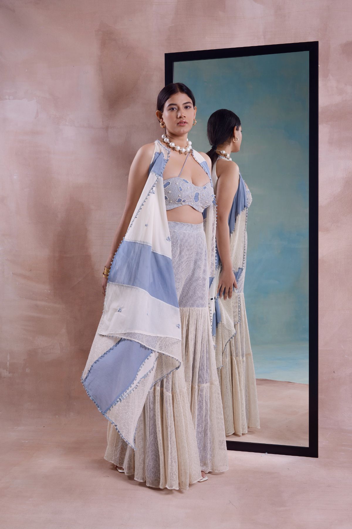 Patchwork Jacket with Mesh Sharara and Bustier