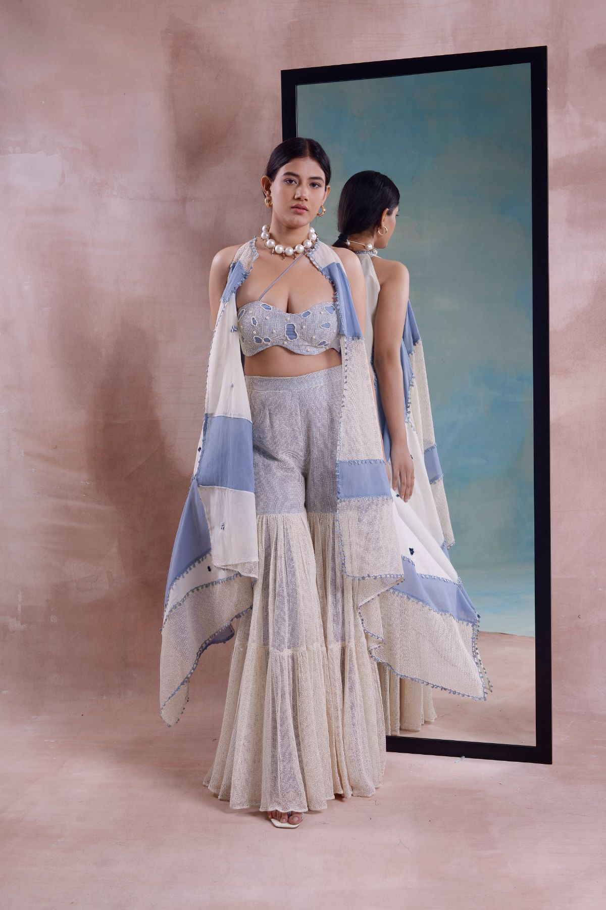 Patchwork Jacket with Mesh Sharara and Bustier