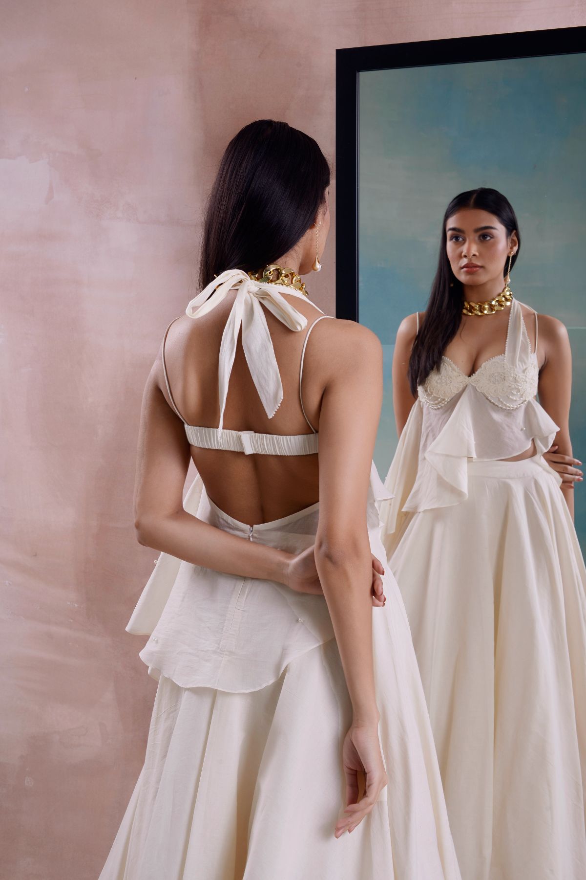 Beaded Floret Peplum Top and Lehenga Set