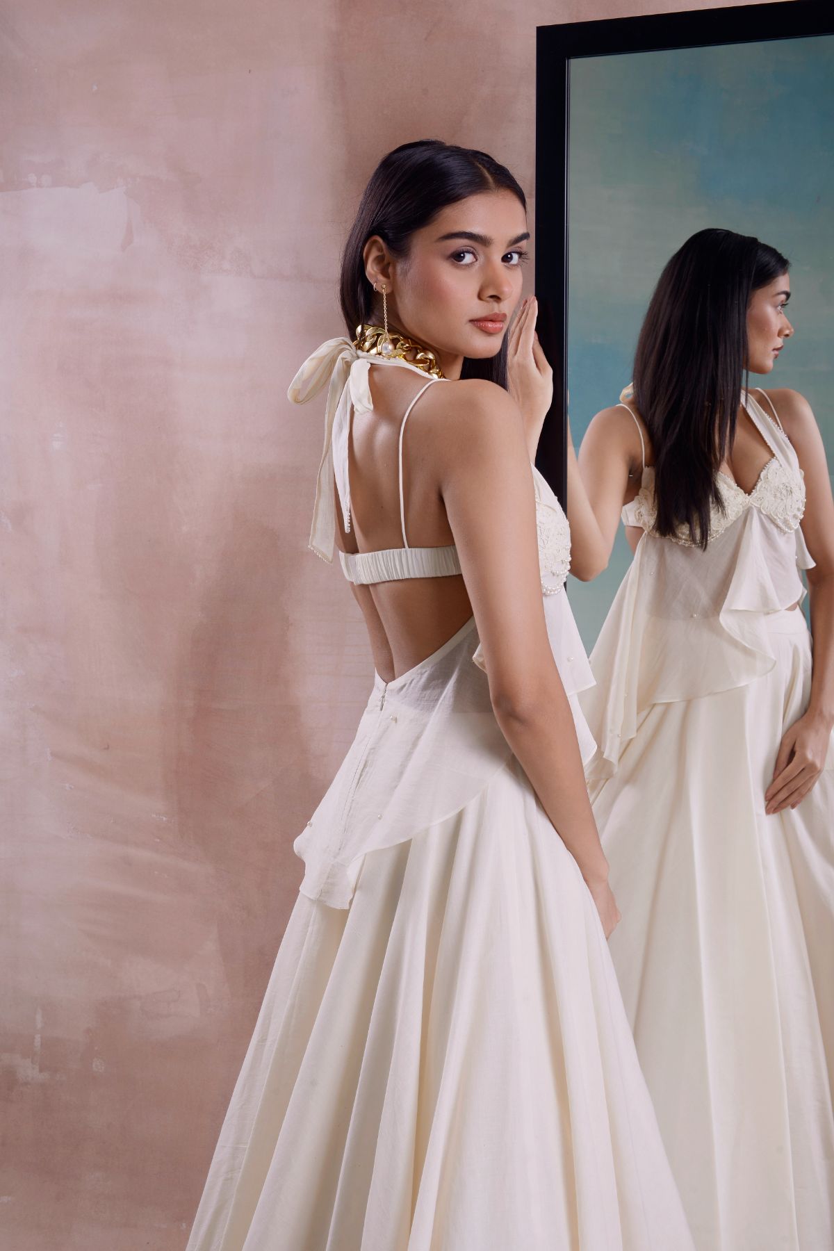 Beaded Floret Peplum Top and Lehenga Set