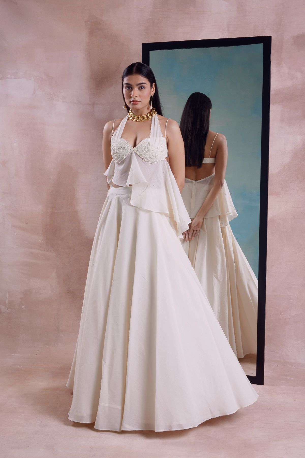 Beaded Floret Peplum Top and Lehenga Set