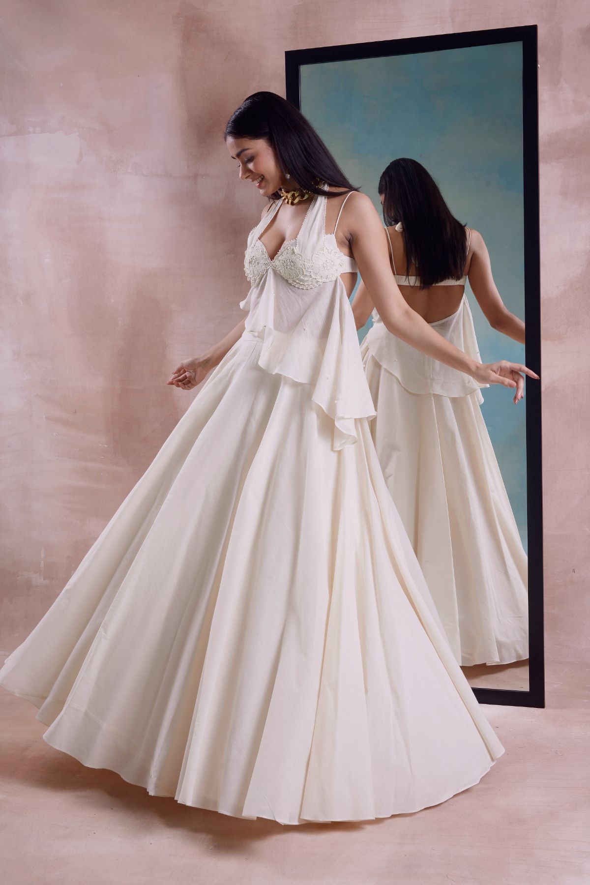 Beaded Floret Peplum Top and Lehenga Set