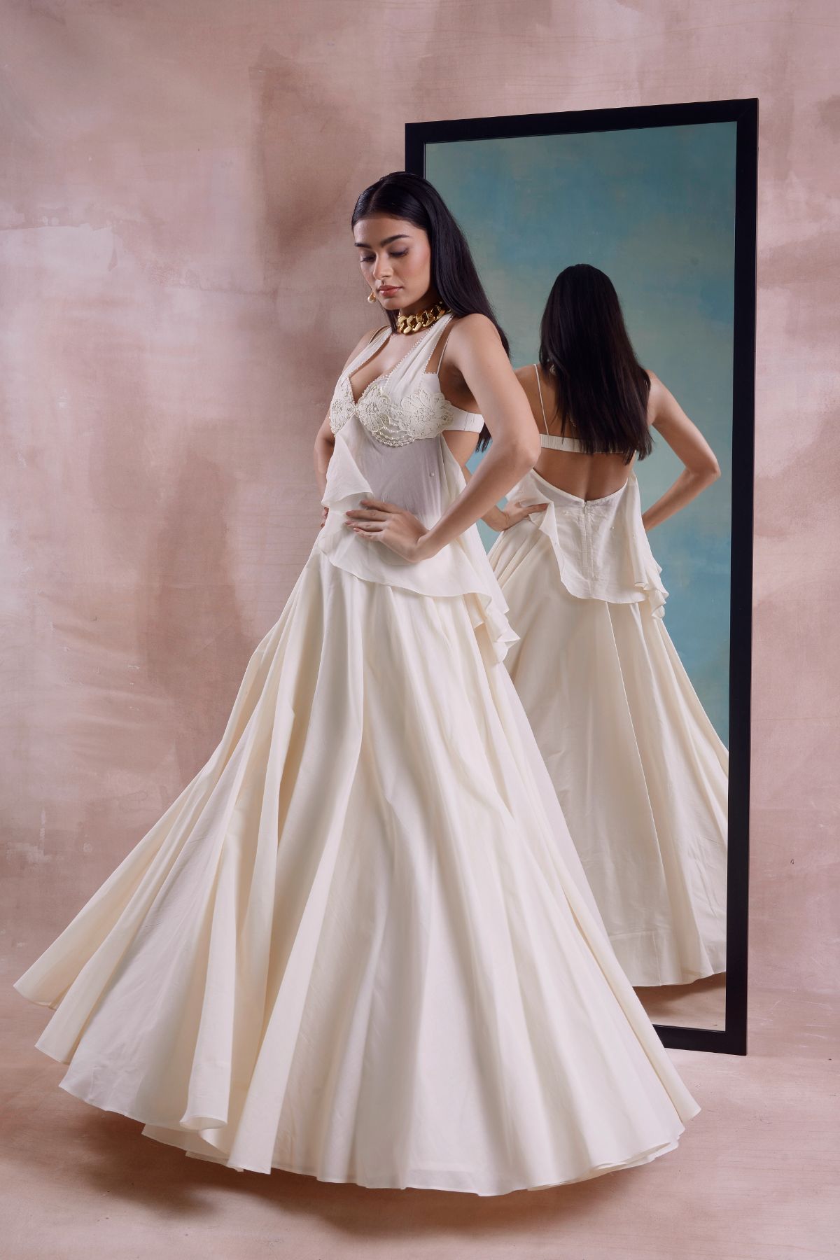 Beaded Floret Peplum Top and Lehenga Set