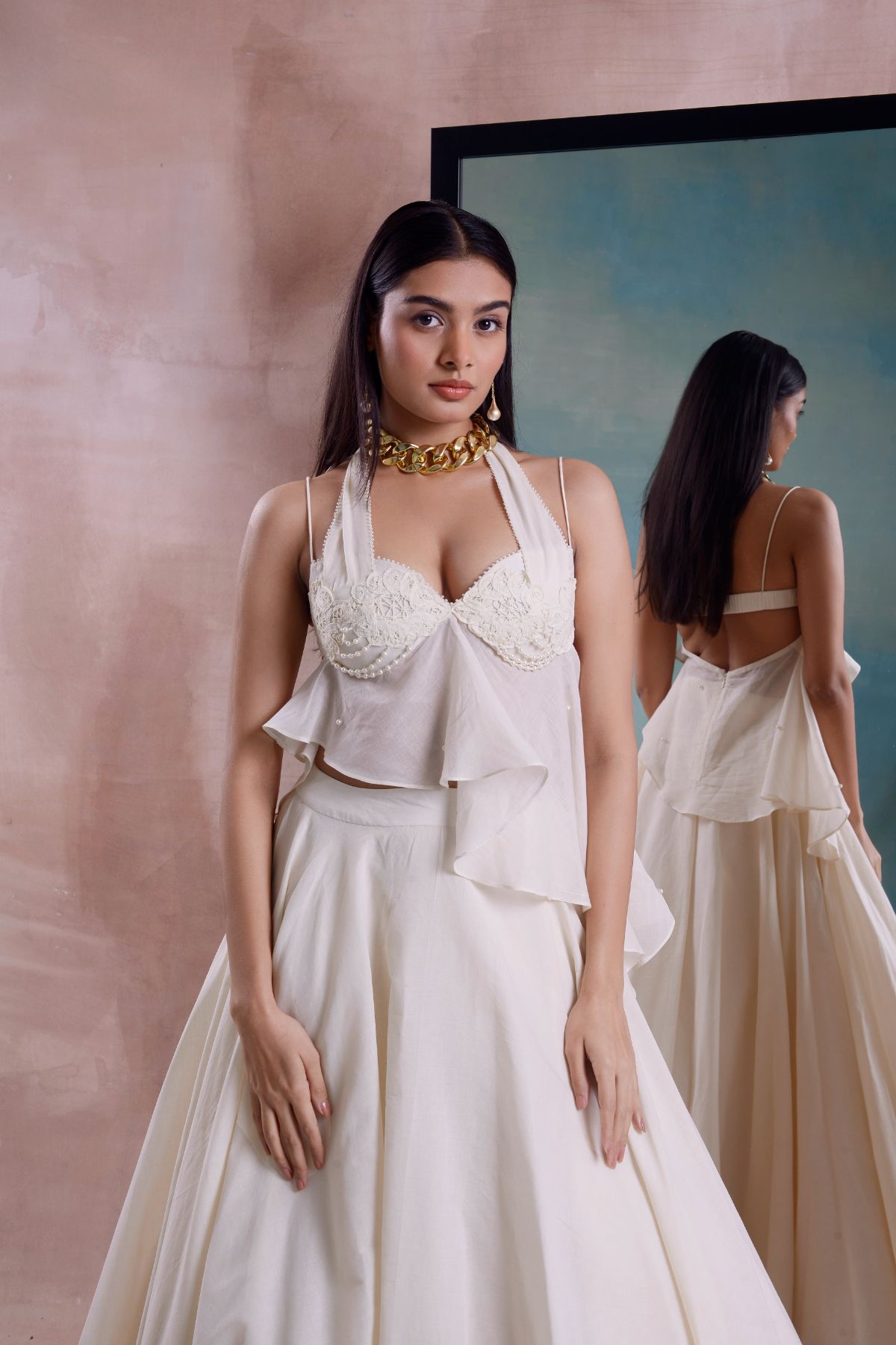 Beaded Floret Peplum Top and Lehenga Set