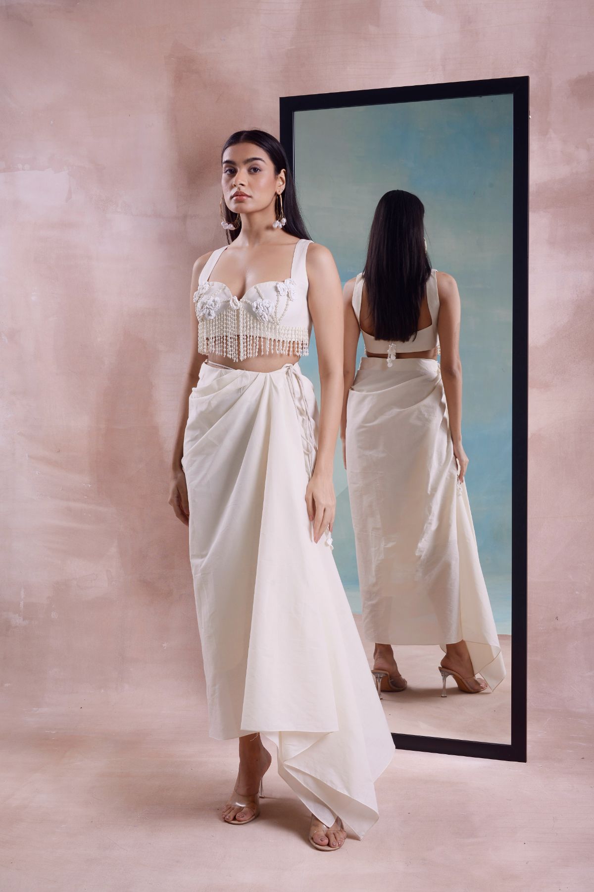 Wrap Draped Skirt with Tassel Floret Blouse