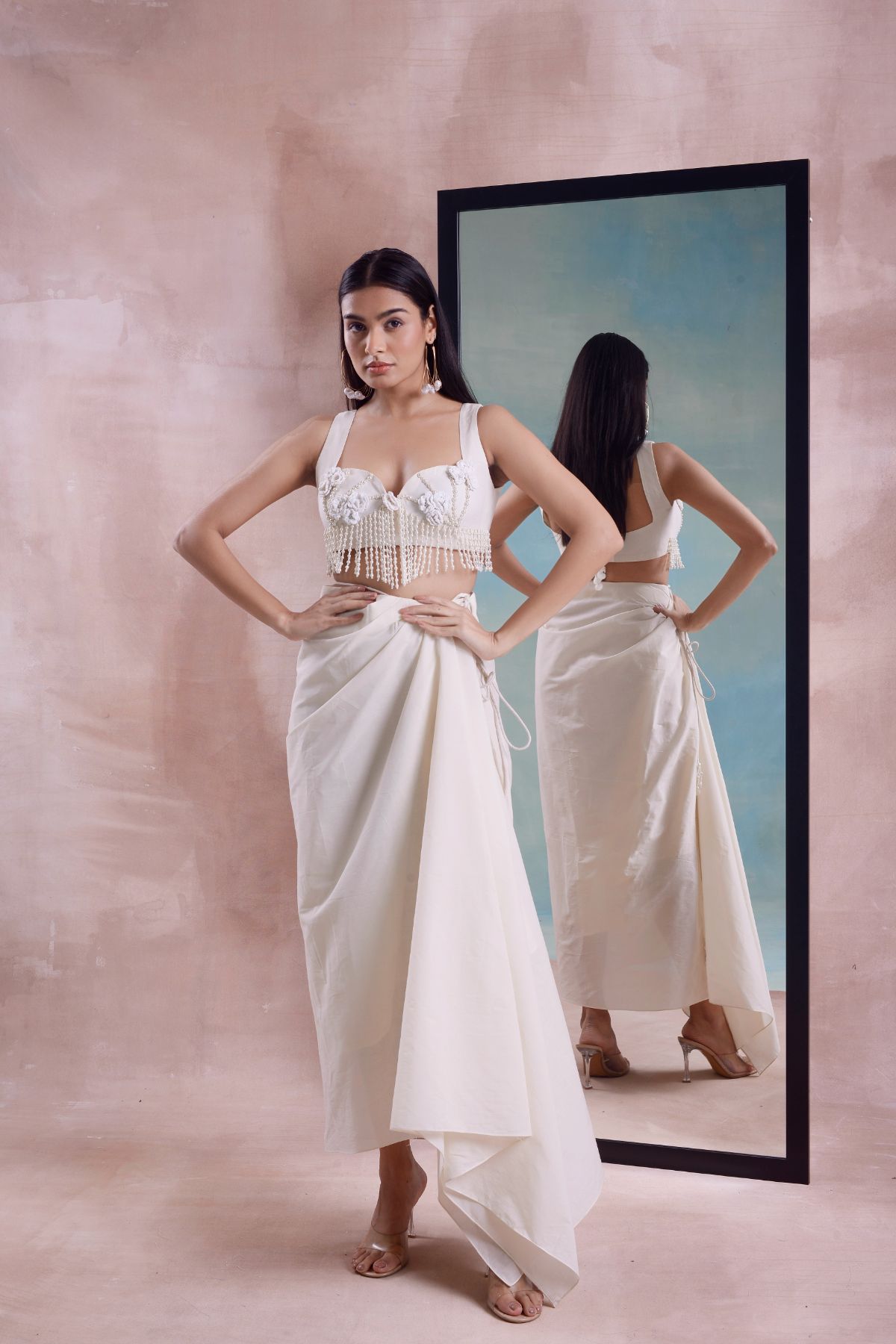 Wrap Draped Skirt with Tassel Floret Blouse