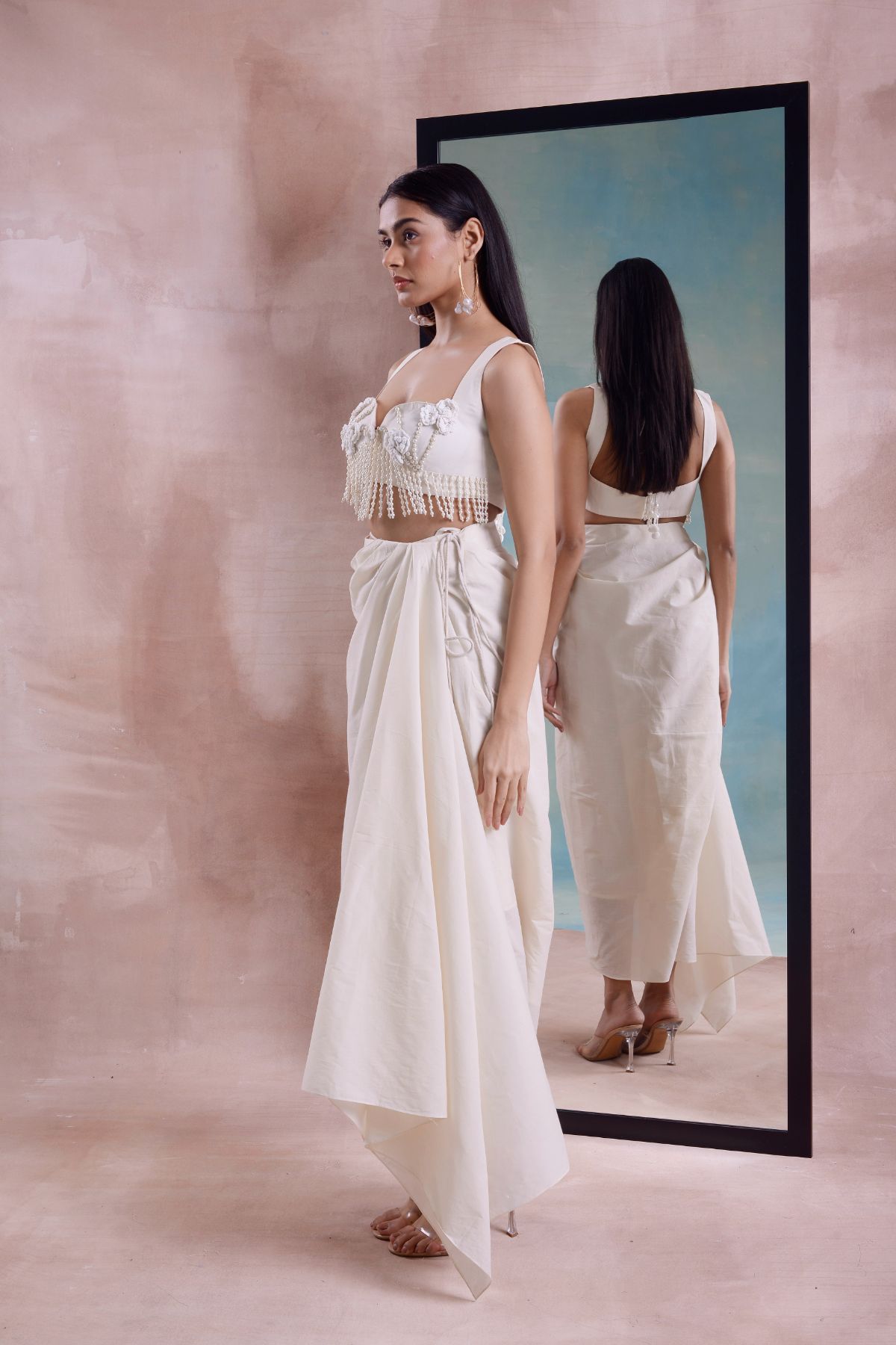 Wrap Draped Skirt with Tassel Floret Blouse