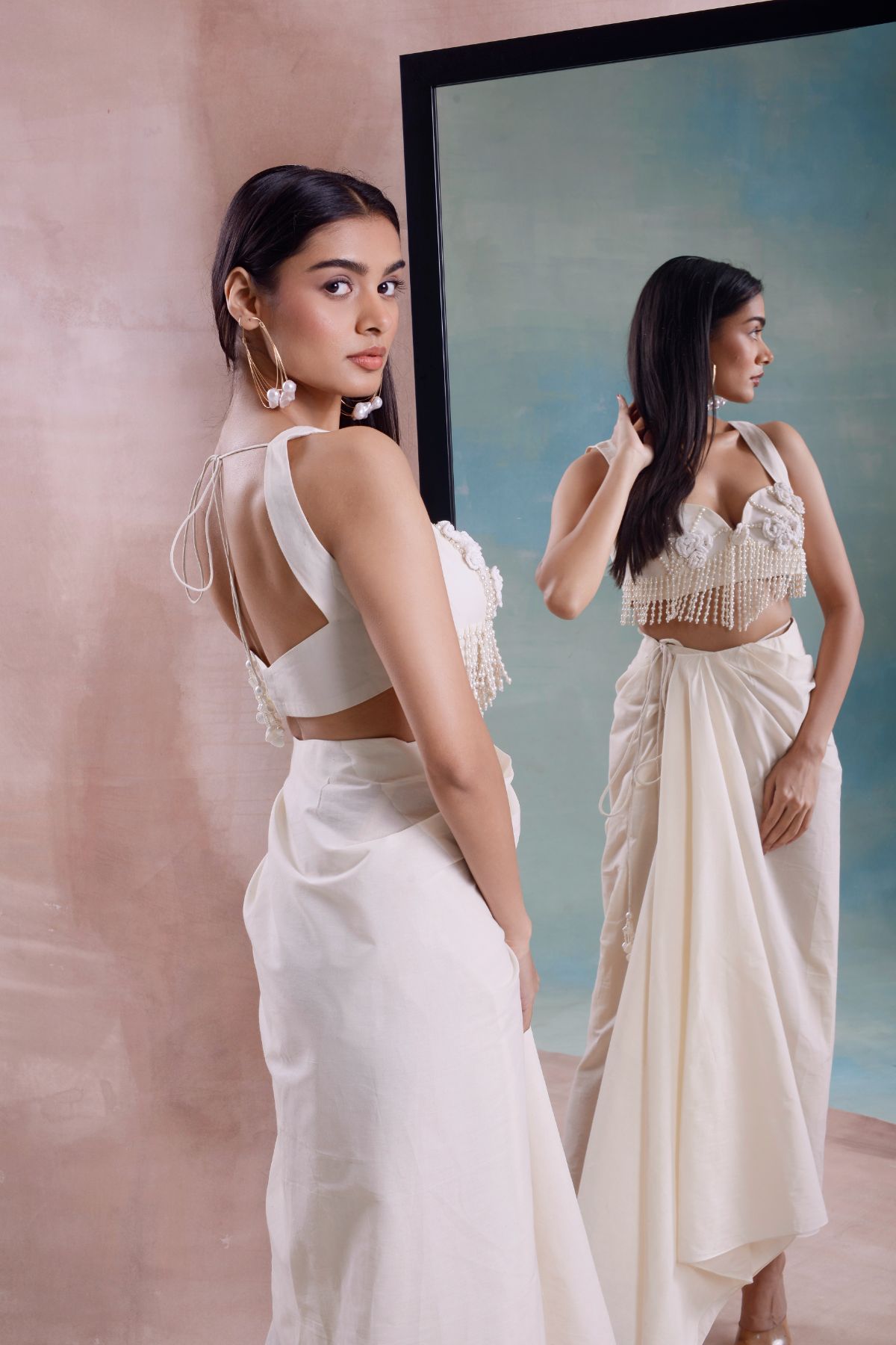 Wrap Draped Skirt with Tassel Floret Blouse