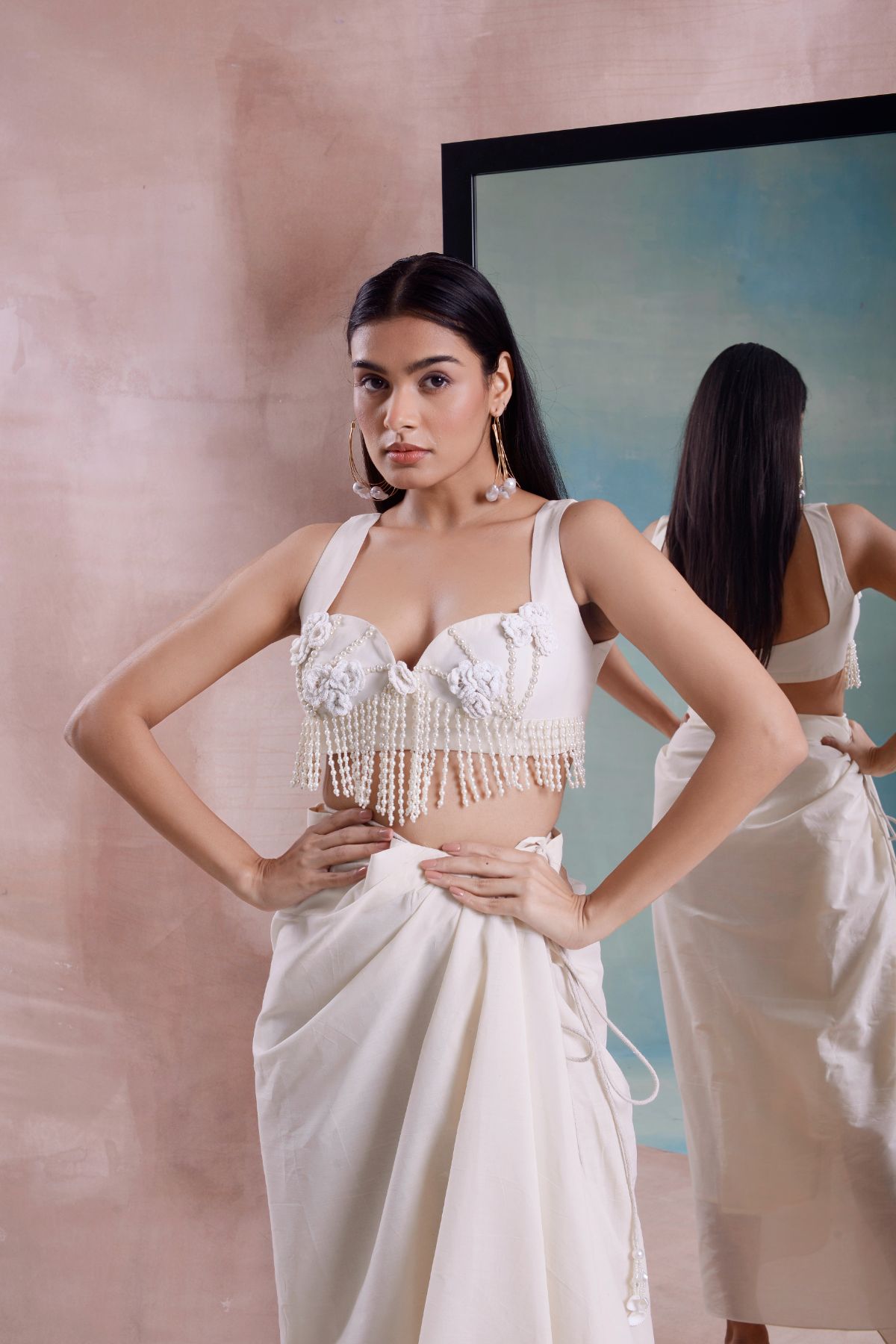 Wrap Draped Skirt with Tassel Floret Blouse