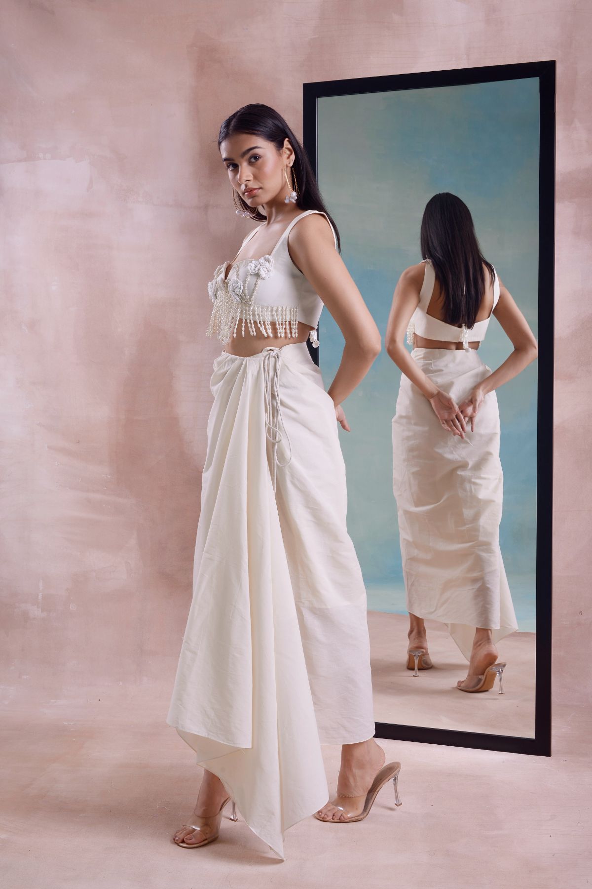 Wrap Draped Skirt with Tassel Floret Blouse