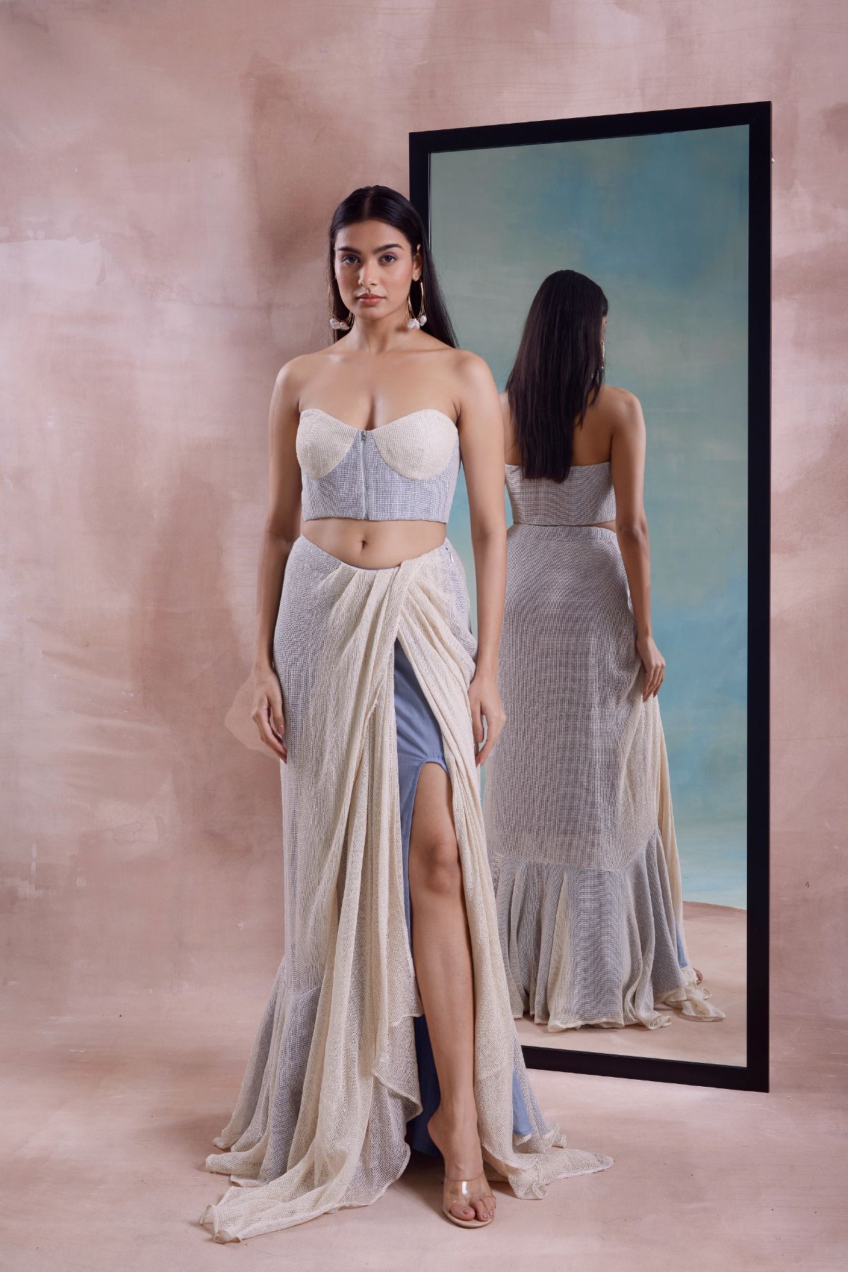 Mesh Draped Slit Skirt and Corset