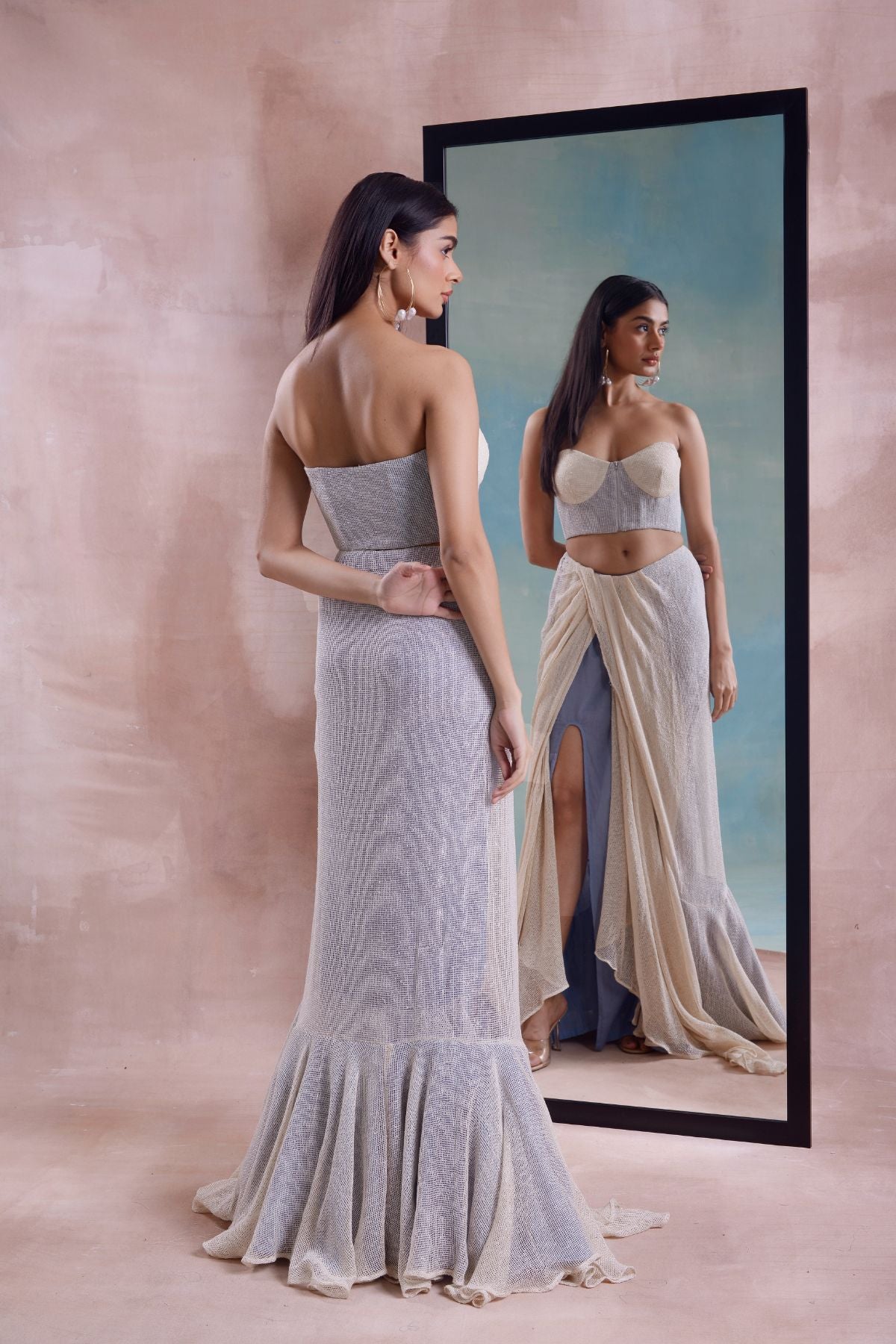 Mesh Draped Slit Skirt and Corset