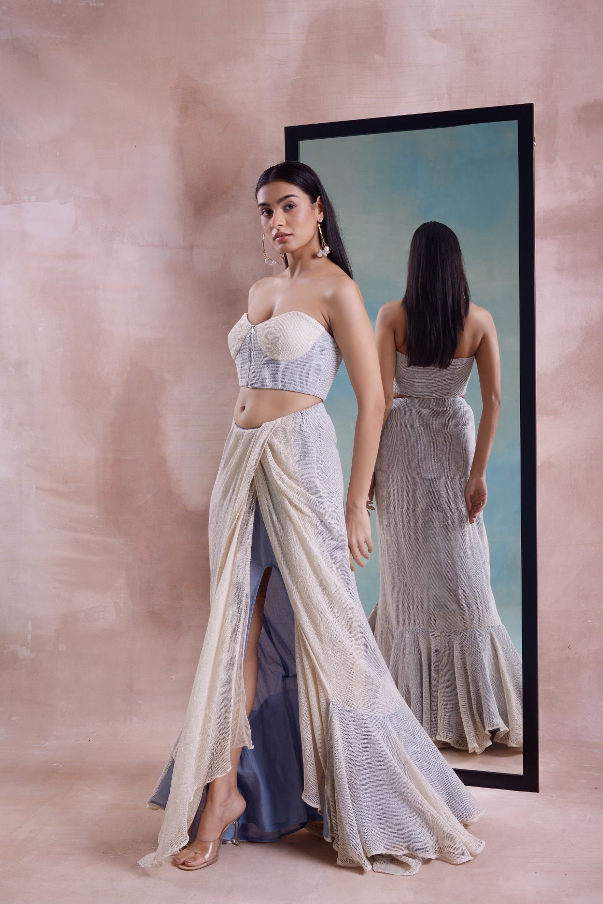 Mesh Draped Slit Skirt and Corset