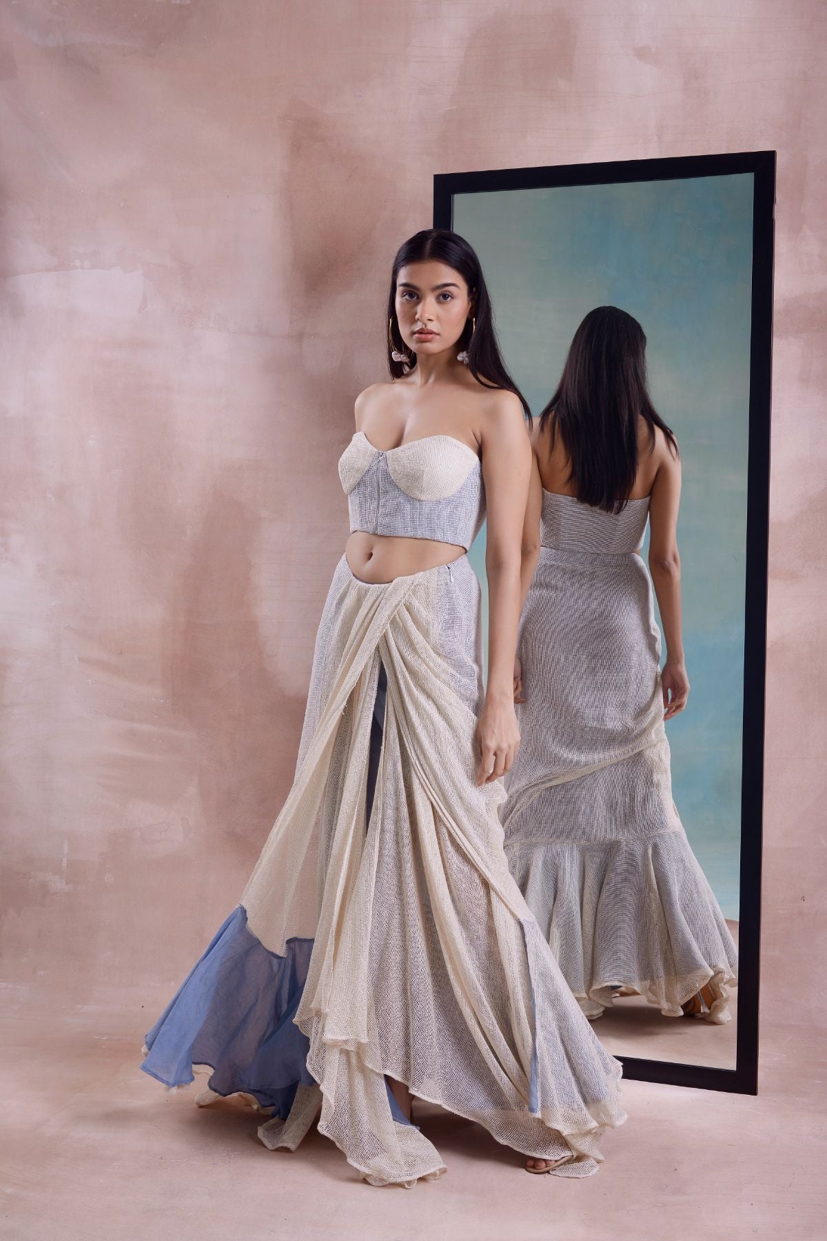 Mesh Draped Slit Skirt and Corset