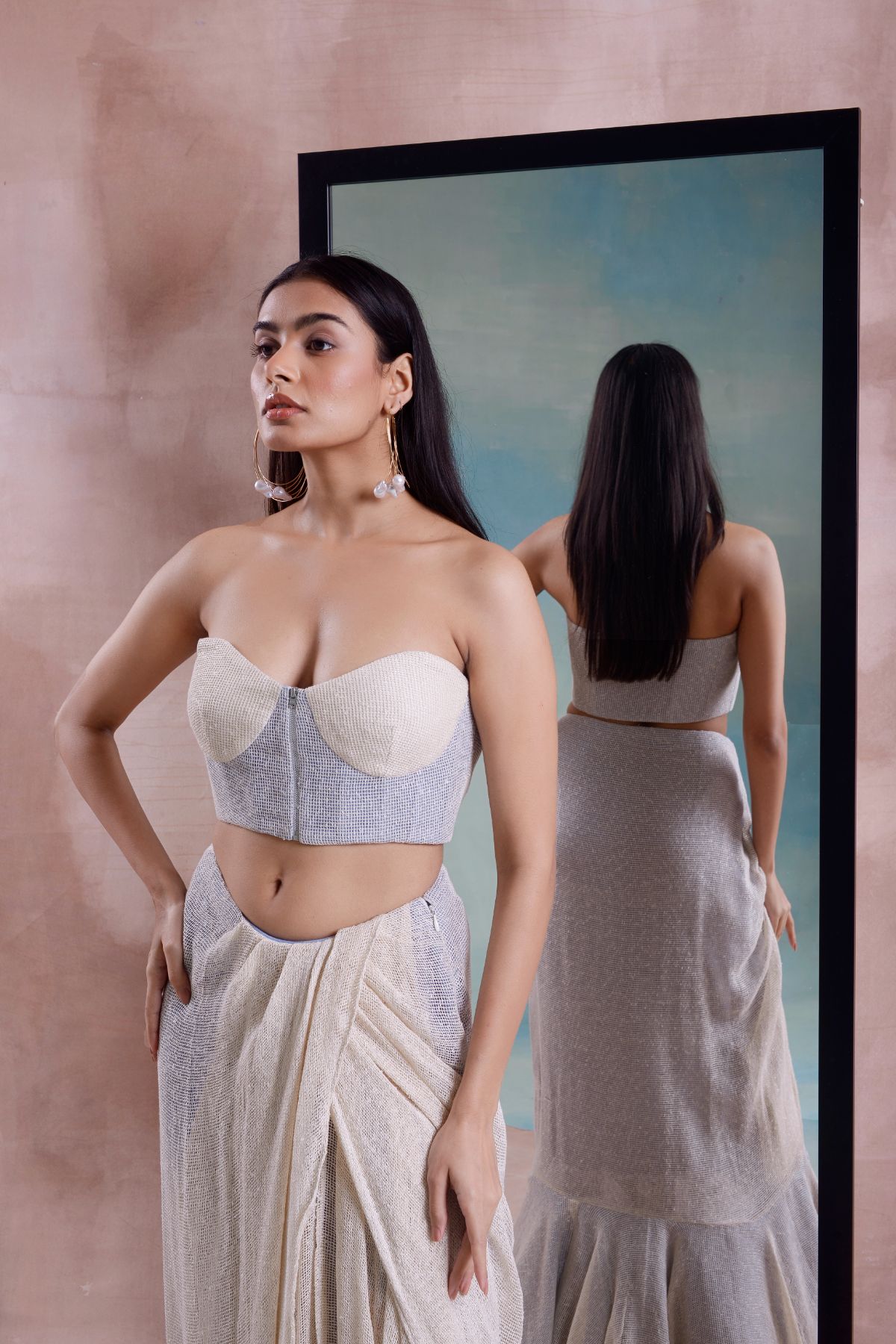 Mesh Draped Slit Skirt and Corset