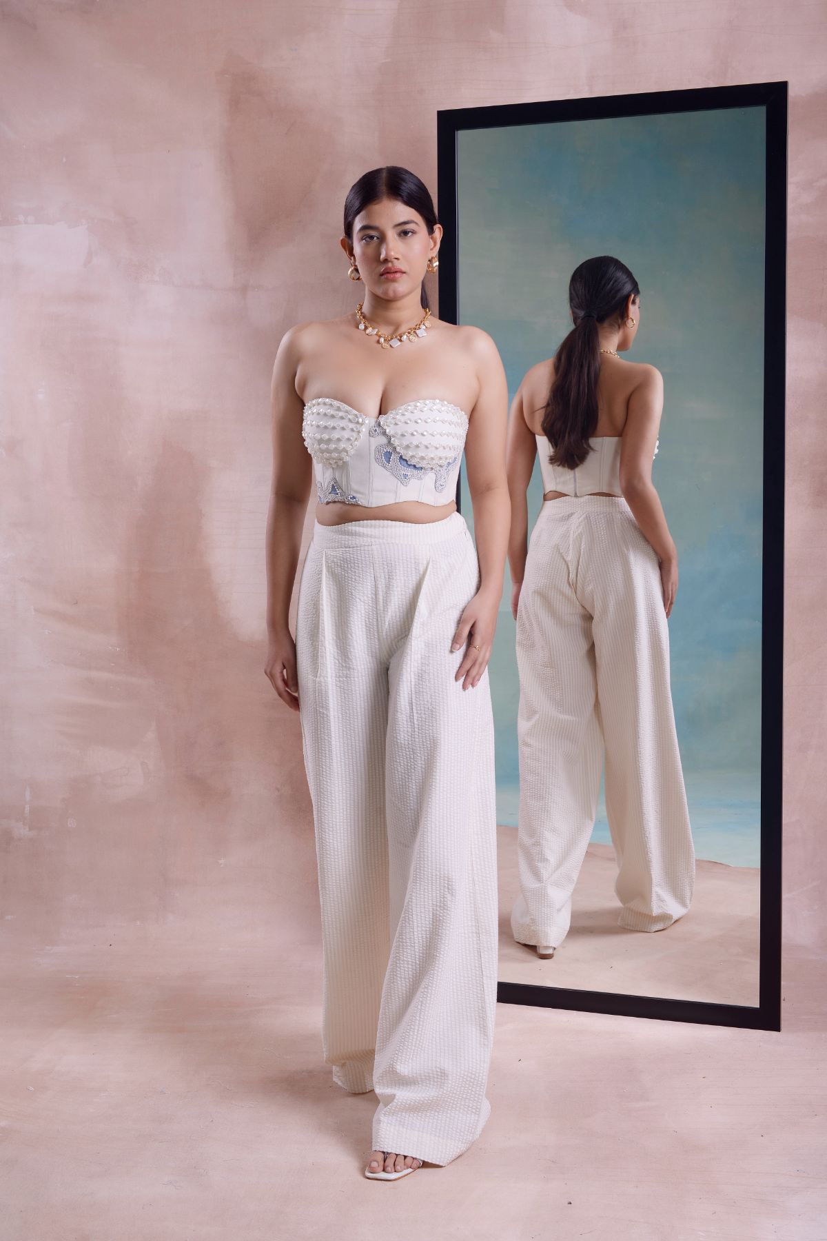 Patchwork Beaded Corset with Pleated Straight Pants