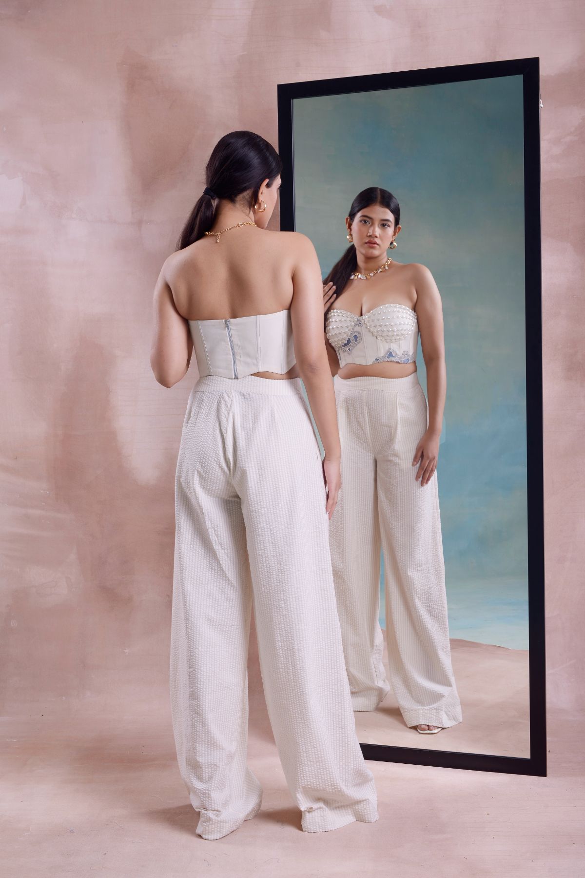 Patchwork Beaded Corset with Pleated Straight Pants