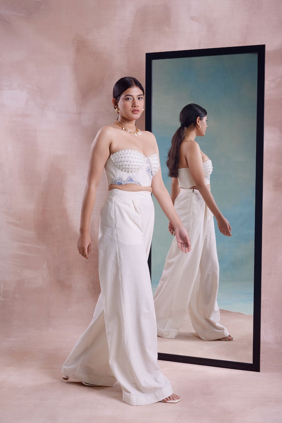 Patchwork Beaded Corset with Pleated Straight Pants