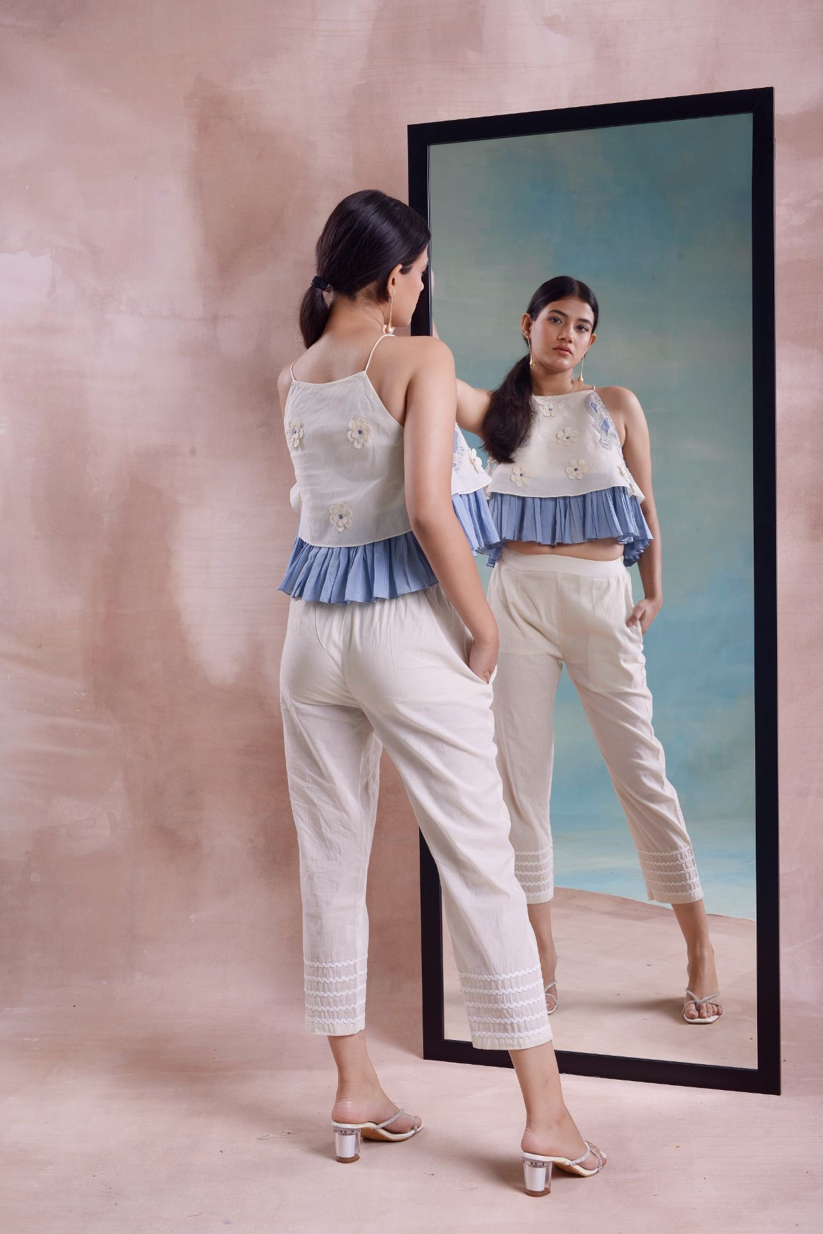 Embroidered Frill Top with Cropped Straight Pants