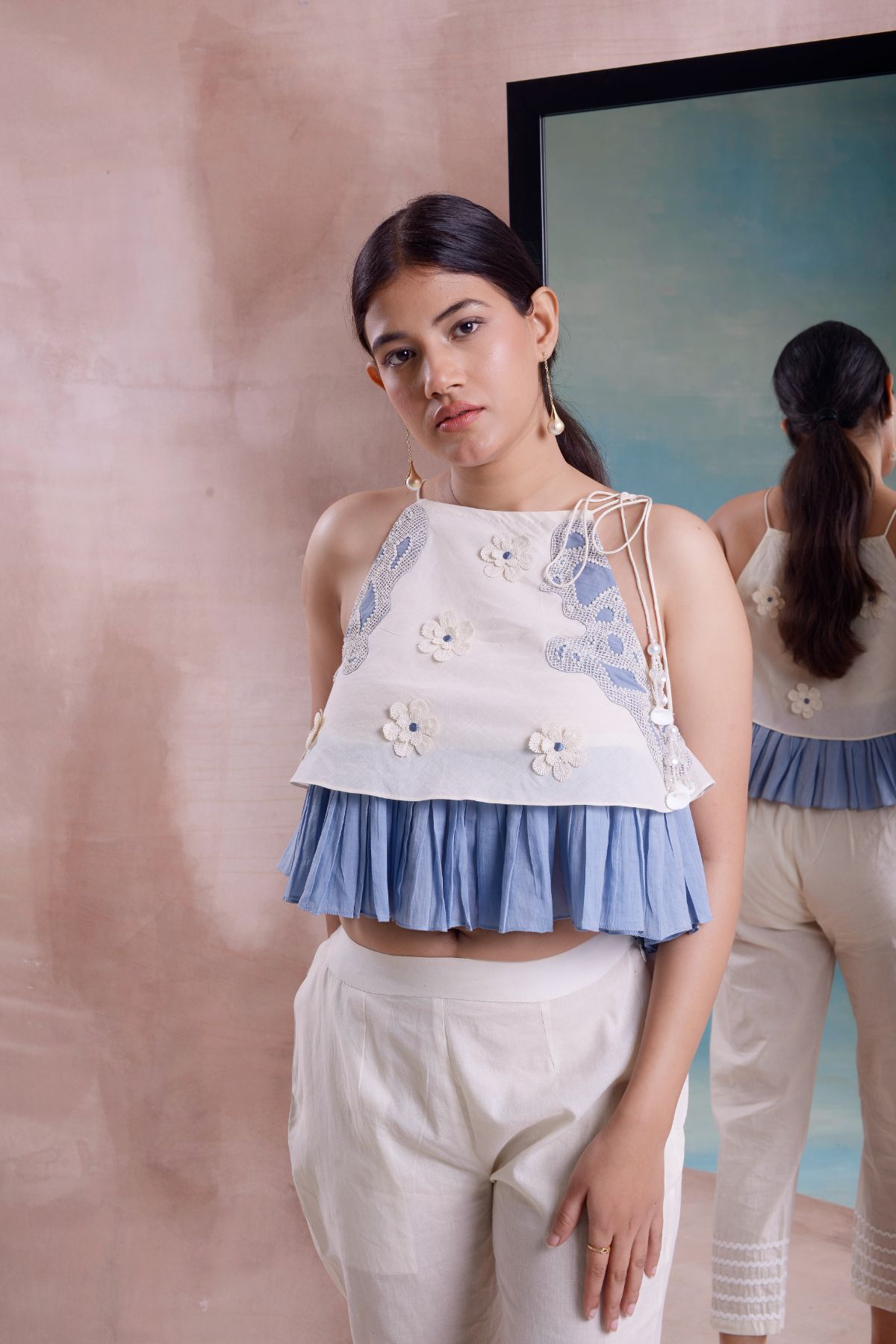 Embroidered Frill Top with Cropped Straight Pants