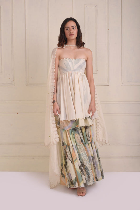 Off shoulder beaded flared tunic with tiered sharara