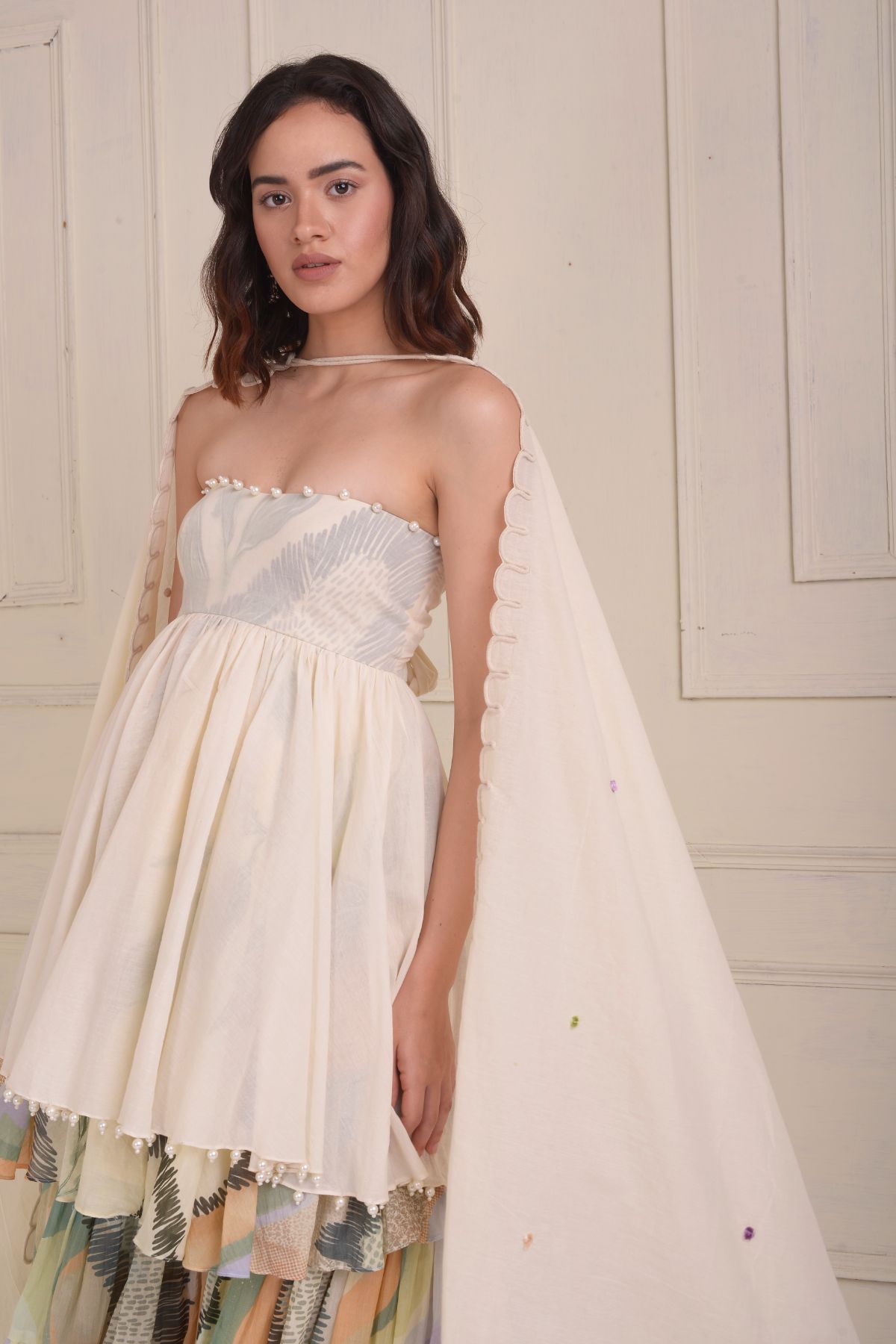 Off shoulder beaded flared tunic with tiered sharara