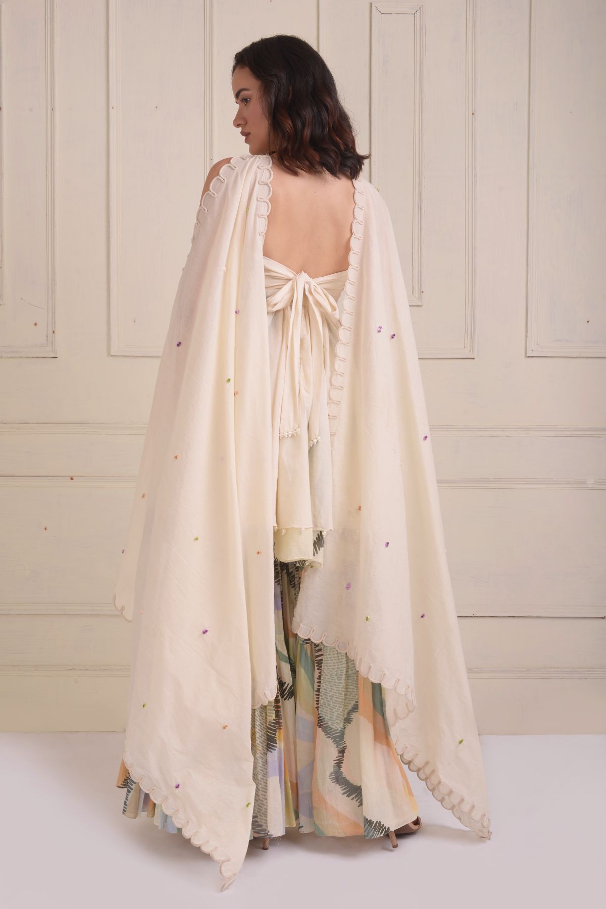 Off shoulder beaded flared tunic with tiered sharara