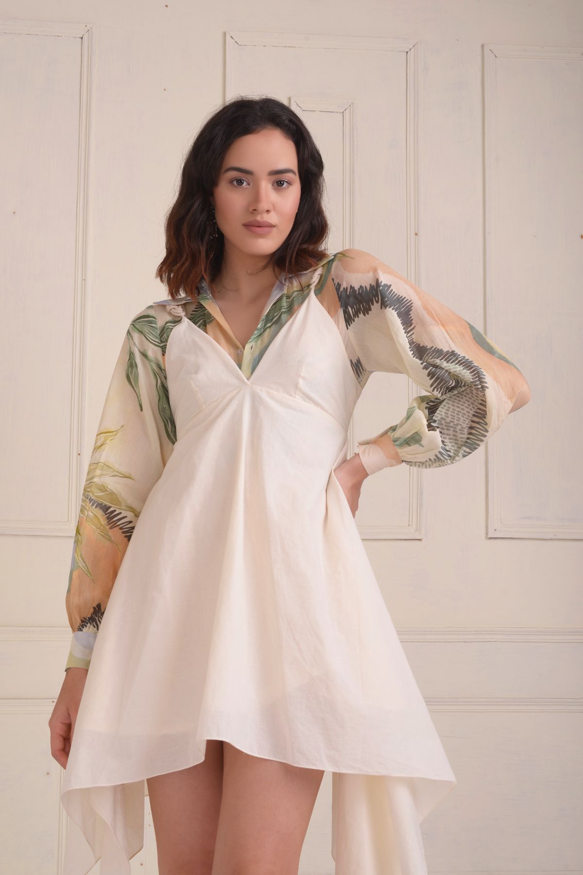 Handkerchief slip dress with a printed crop top