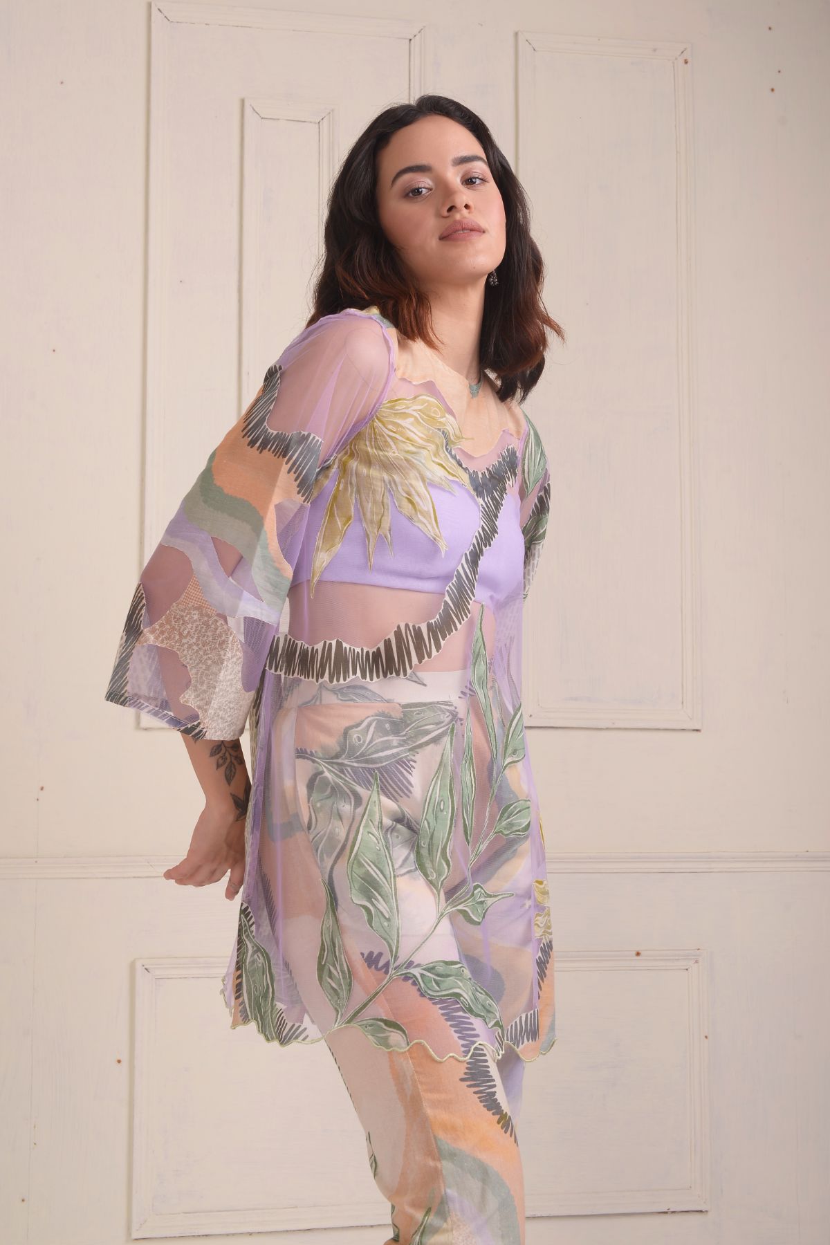 Patchwork tulle tunic with a printed cropped pants