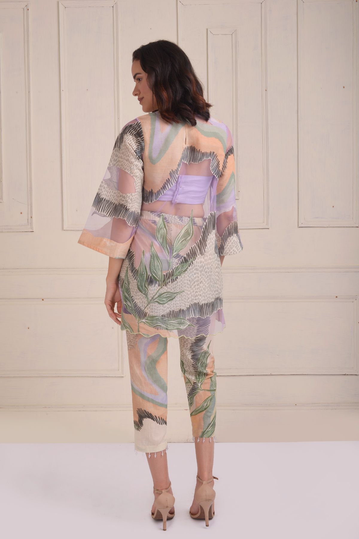 Patchwork tulle tunic with a printed cropped pants