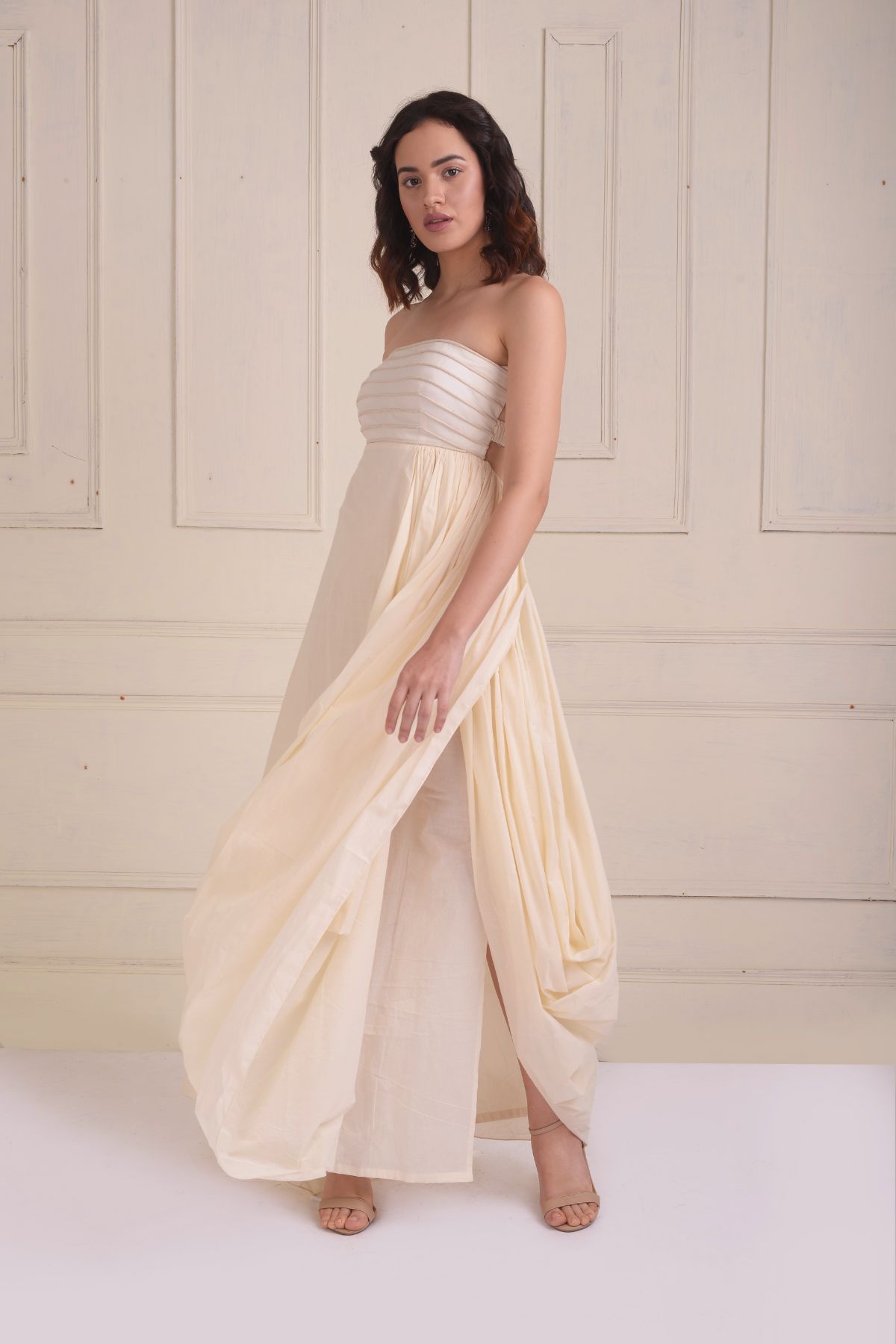 Draped gown with embroidered stripes