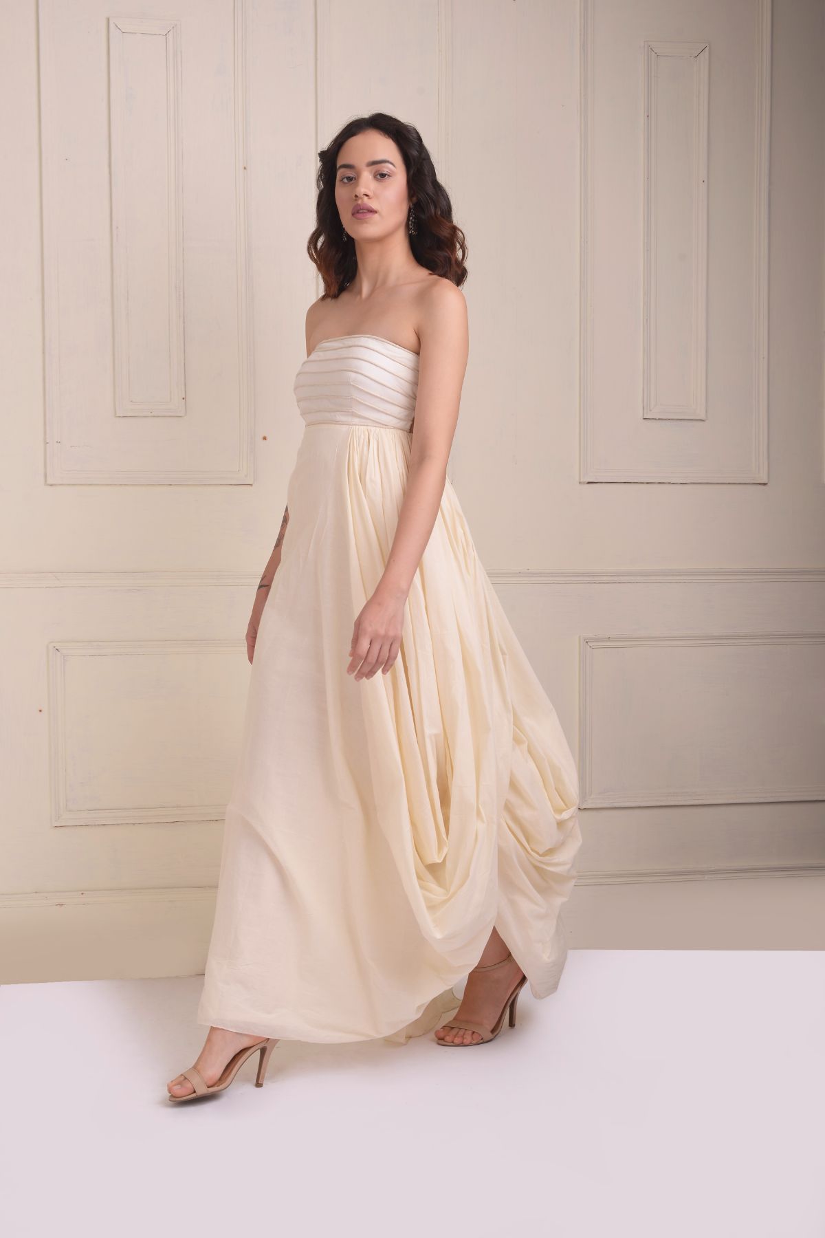 Draped gown with embroidered stripes