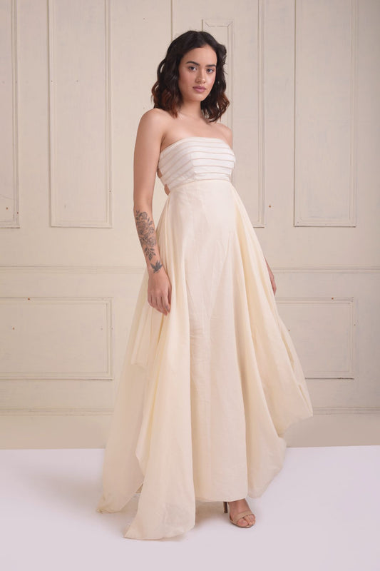 Draped gown with embroidered stripes