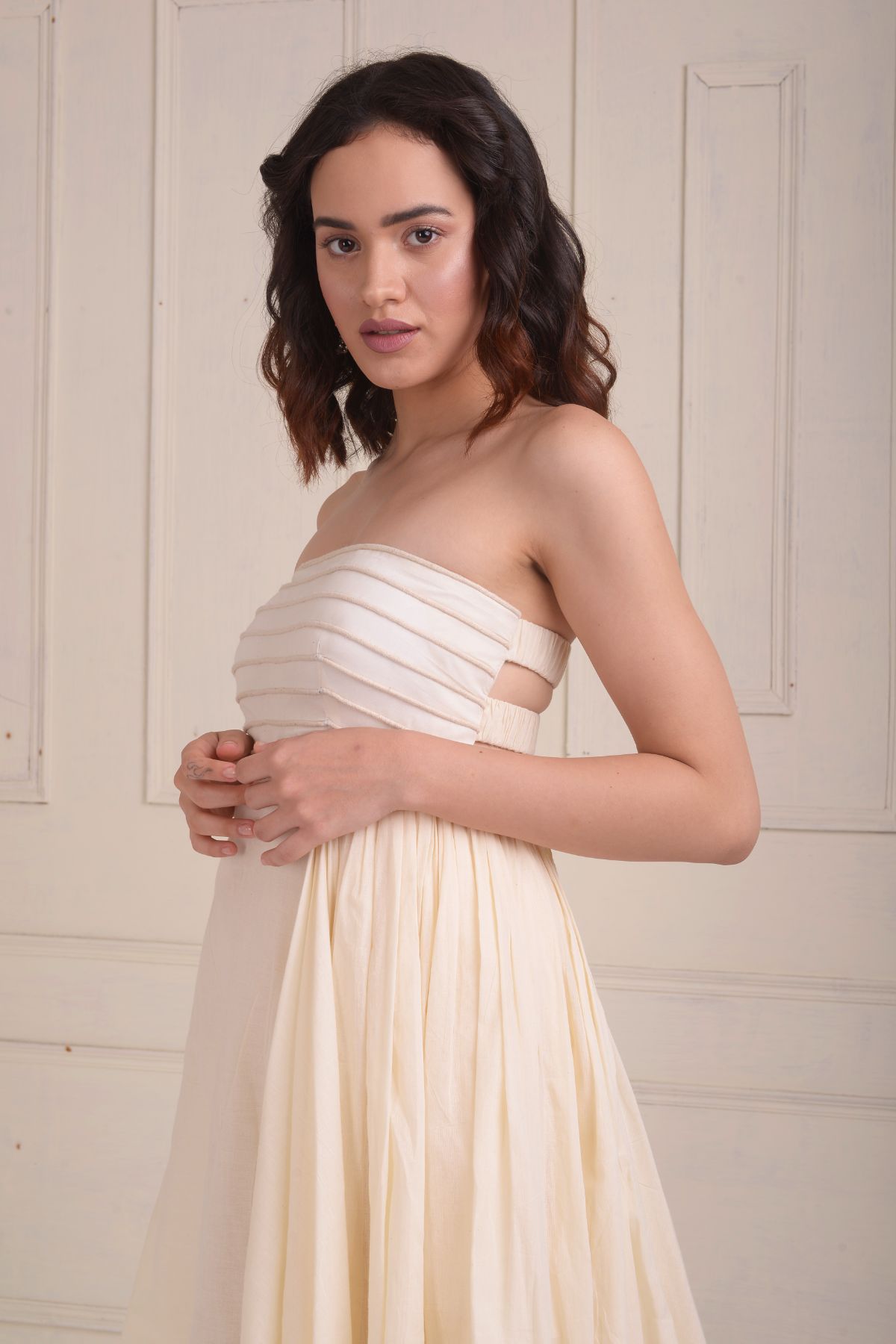 Draped gown with embroidered stripes