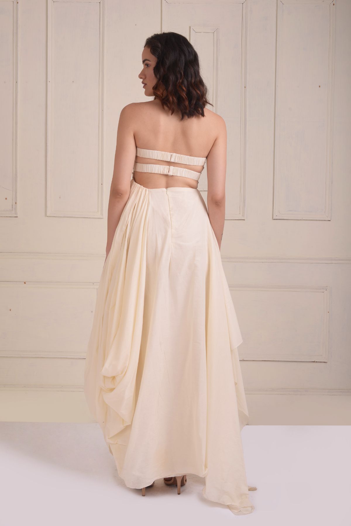Draped gown with embroidered stripes