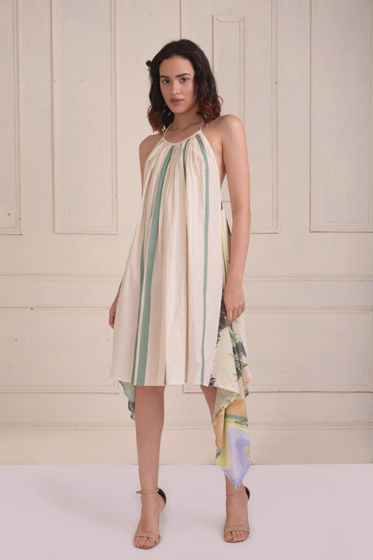 Asymmetrical patchwork stripes halter dress