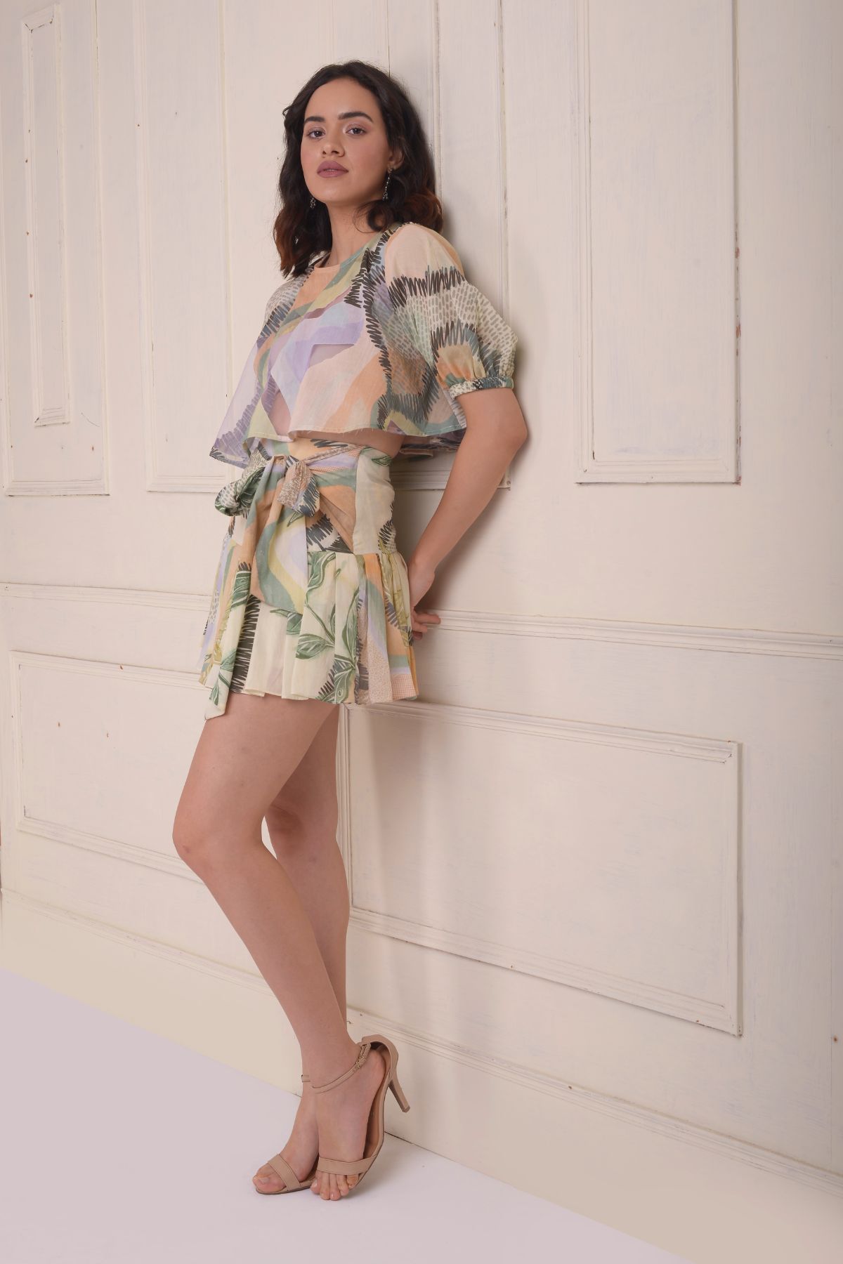 printed patchwork tulle crop top with skirt