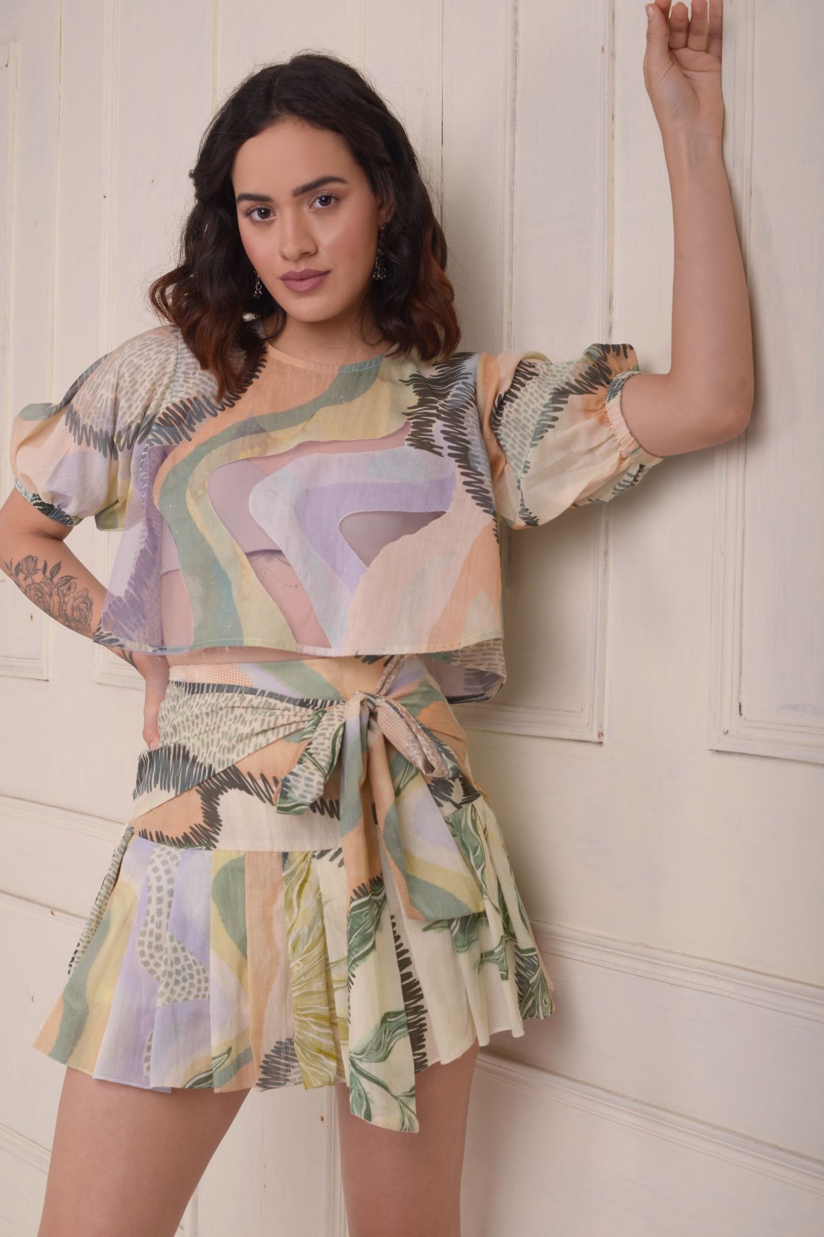 printed patchwork tulle crop top with skirt