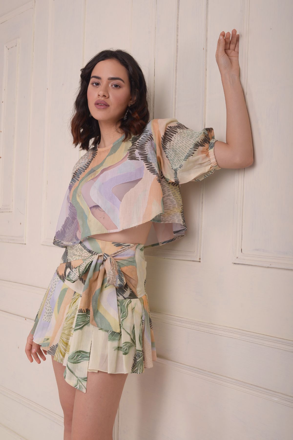 printed patchwork tulle crop top with skirt