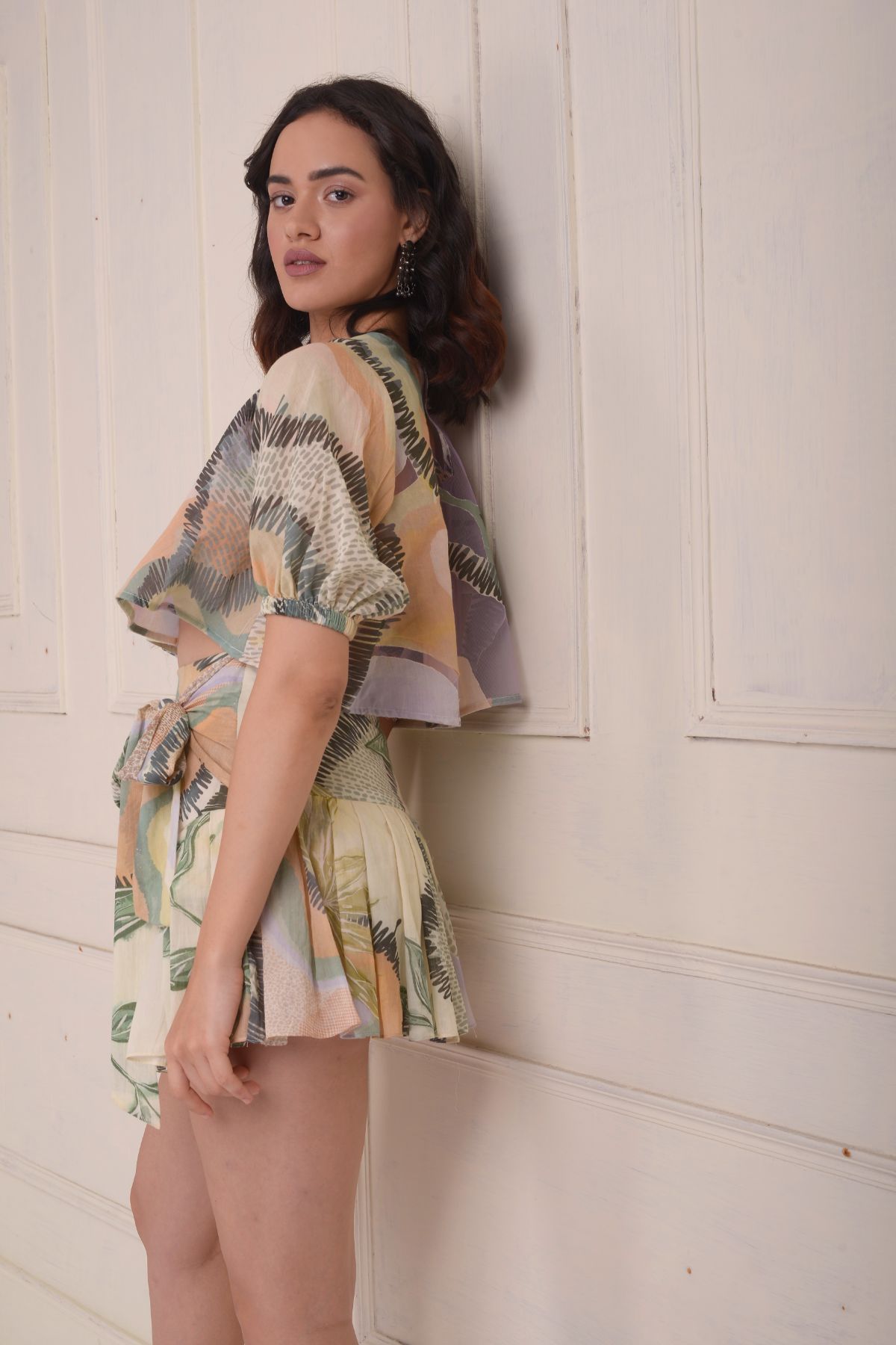 printed patchwork tulle crop top with skirt