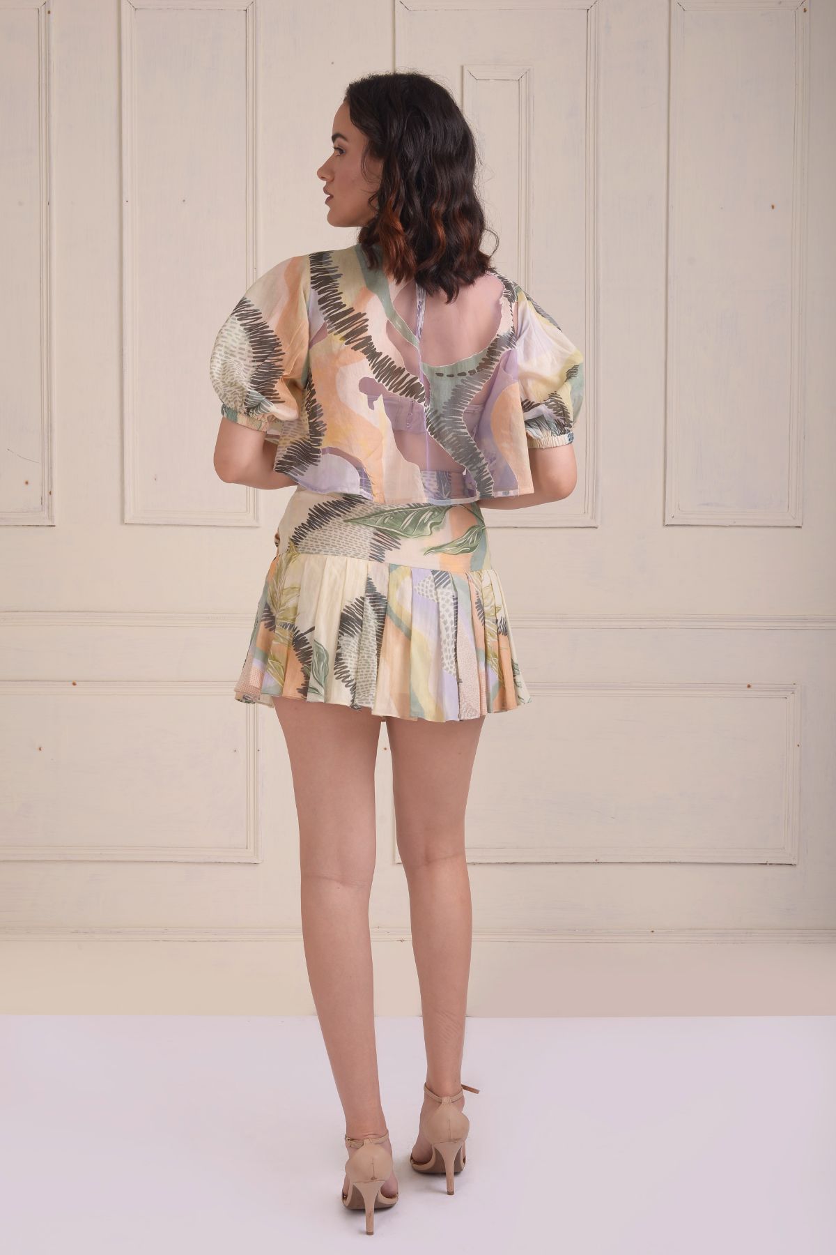 printed patchwork tulle crop top with skirt