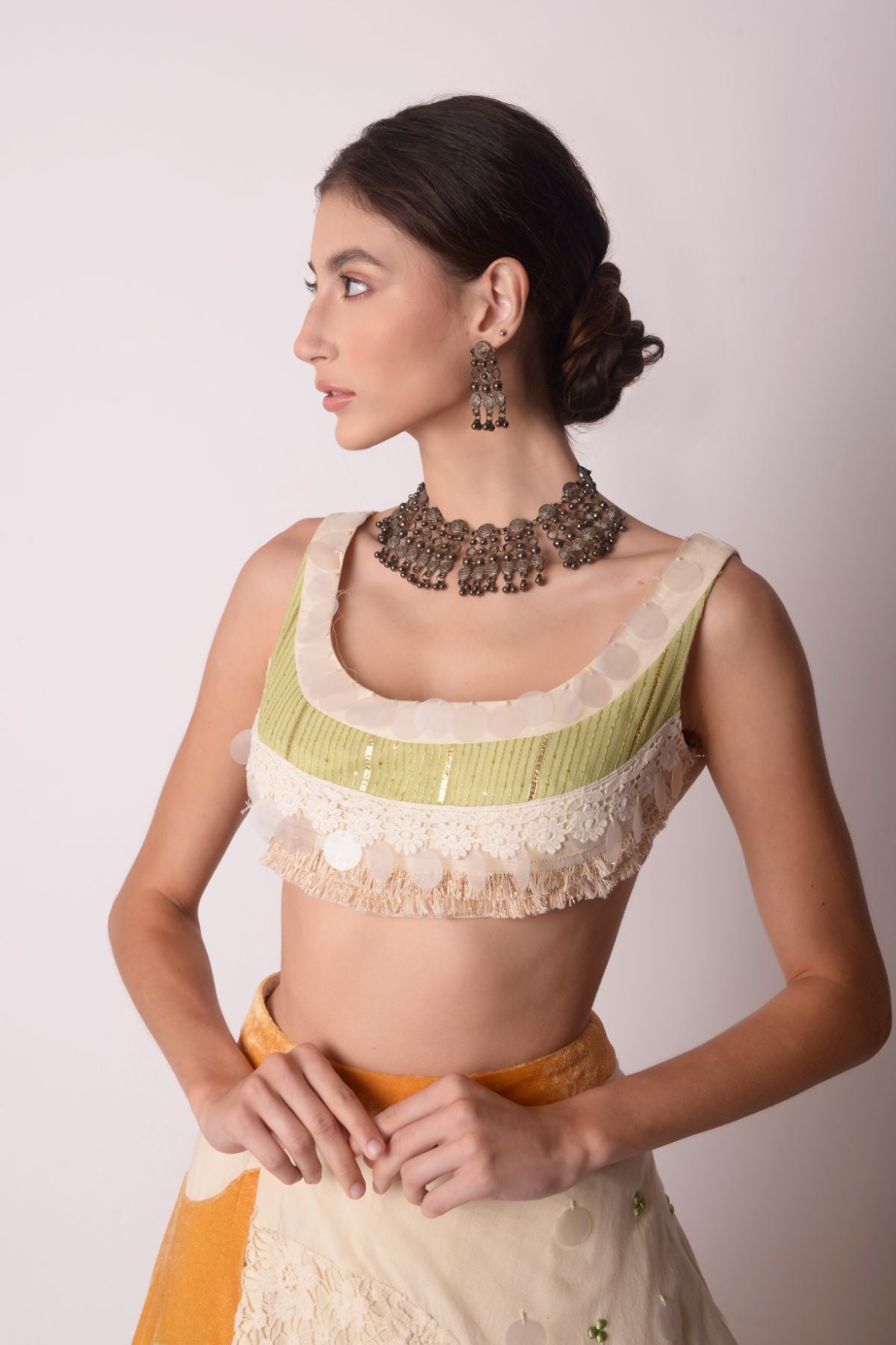 Asymmetrical Ivory & Mustard Layered Lehenga Set