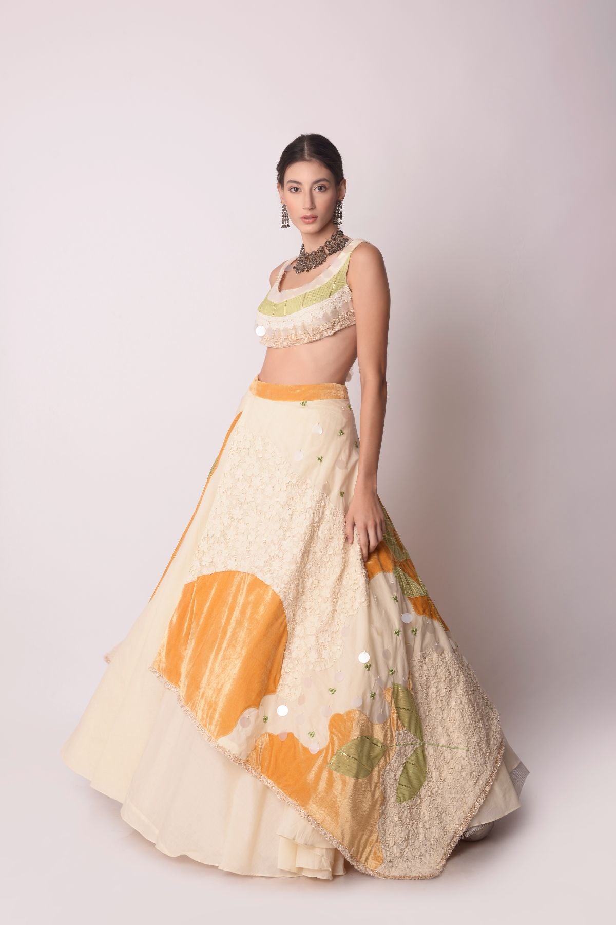 Asymmetrical Ivory & Mustard Layered Lehenga Set