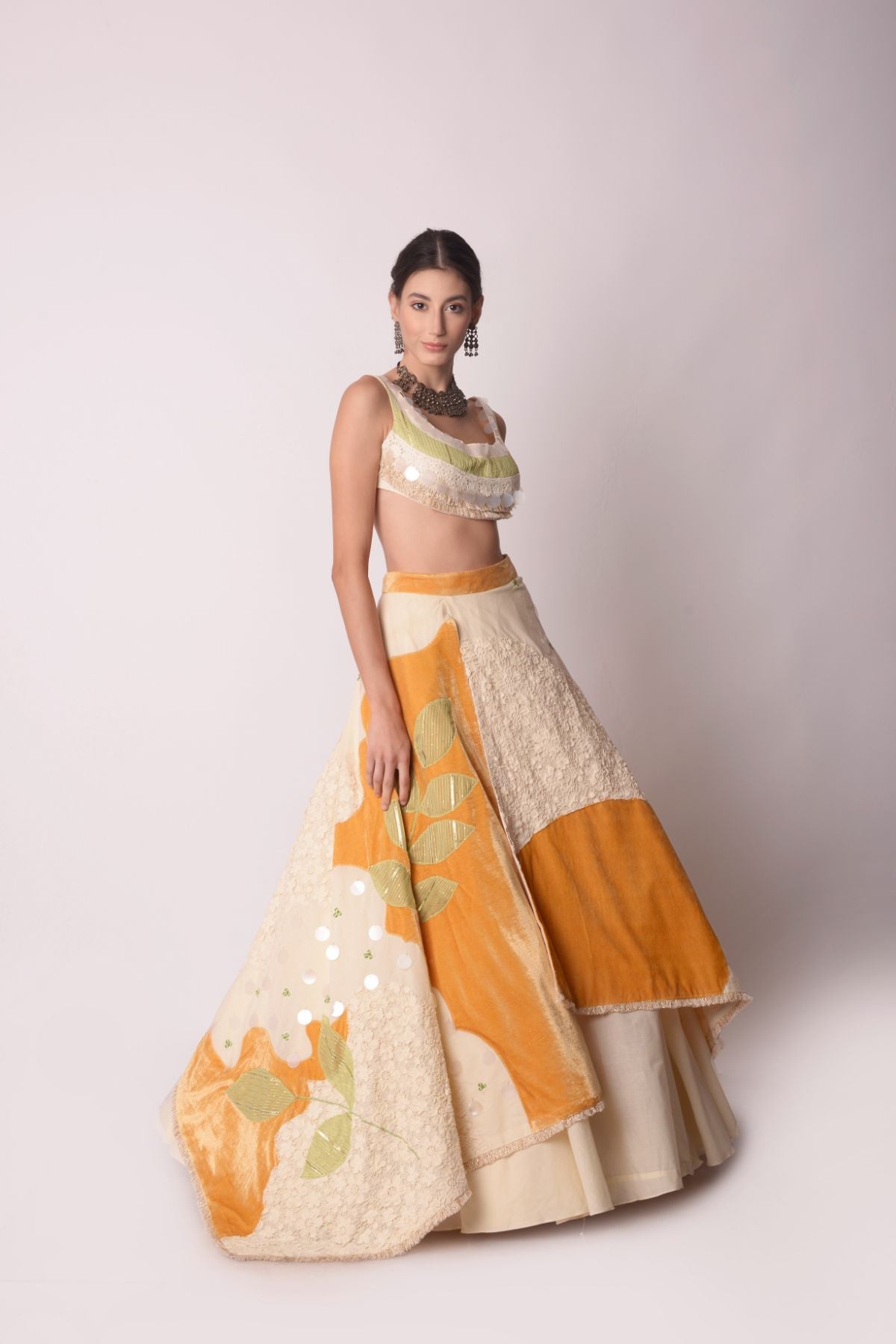 Asymmetrical Ivory & Mustard Layered Lehenga Set