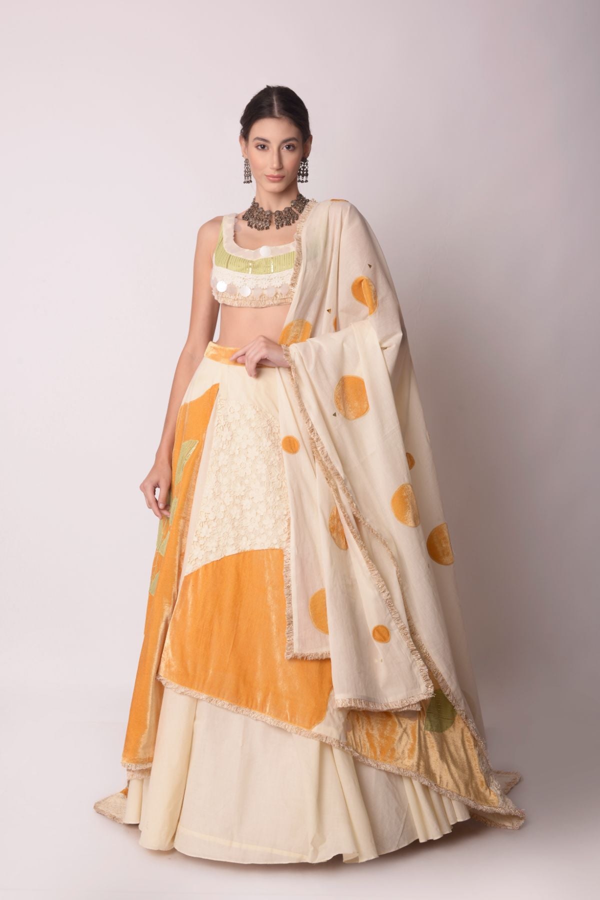 Asymmetrical Ivory & Mustard Layered Lehenga Set