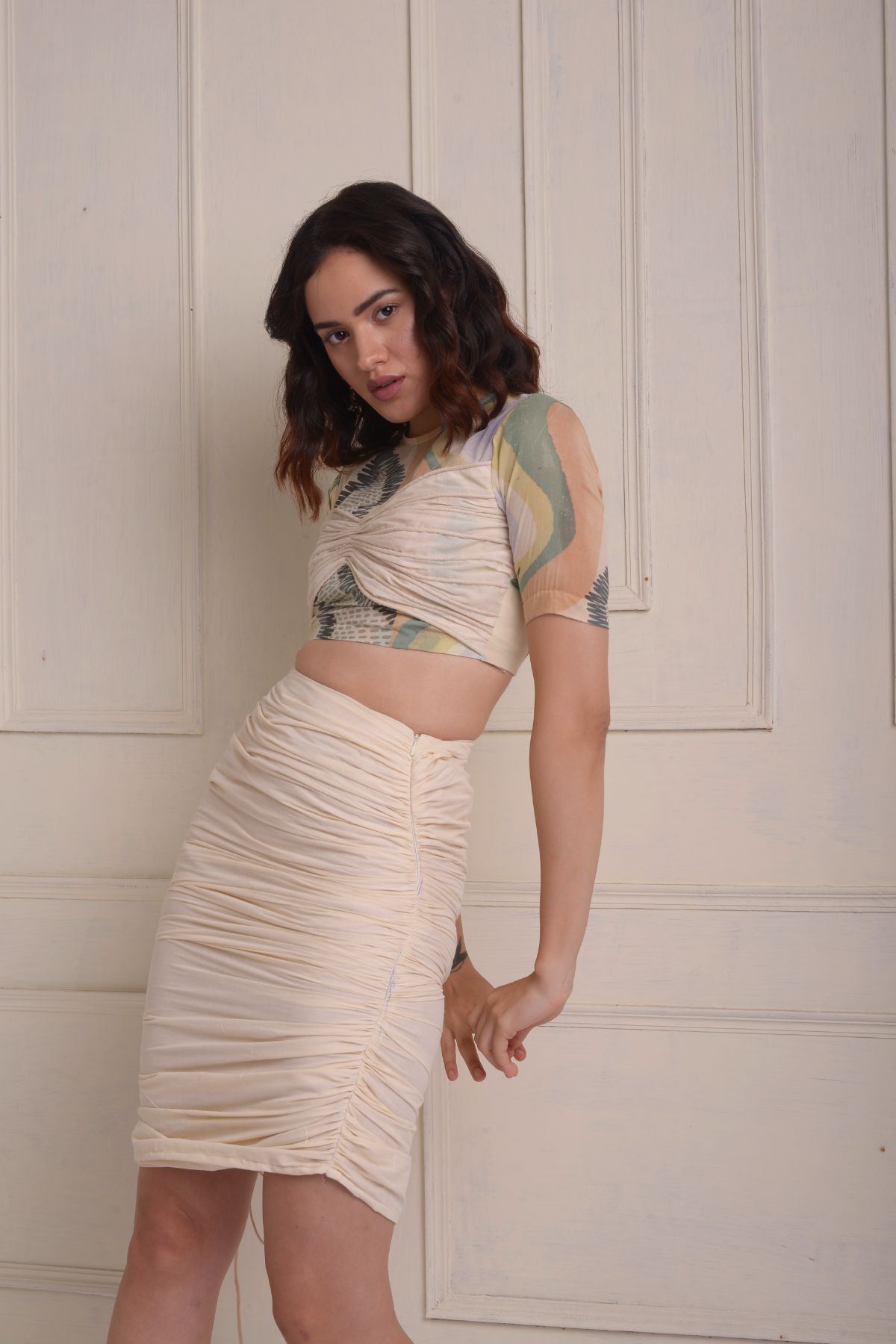 Ruched printed cropped with ruched skirt.