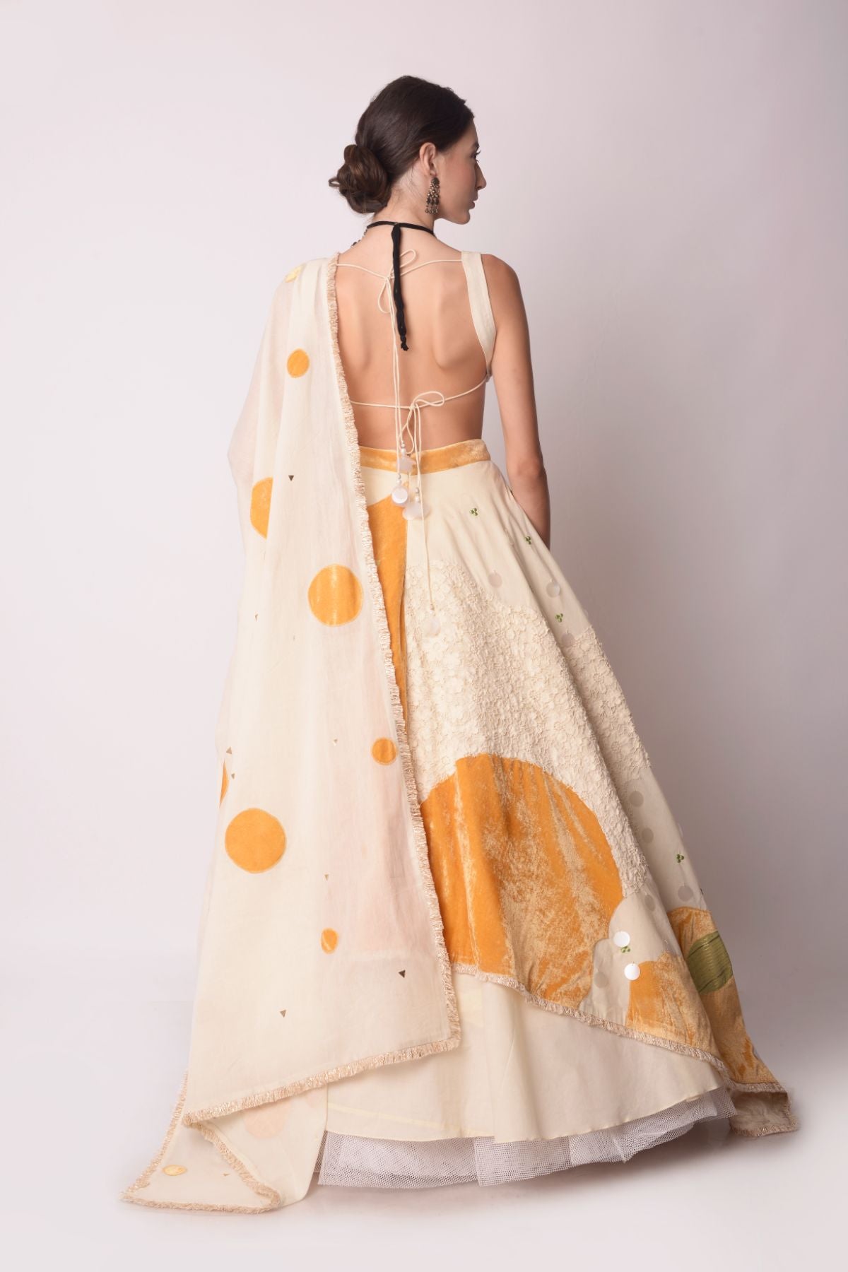 Asymmetrical Ivory & Mustard Layered Lehenga Set