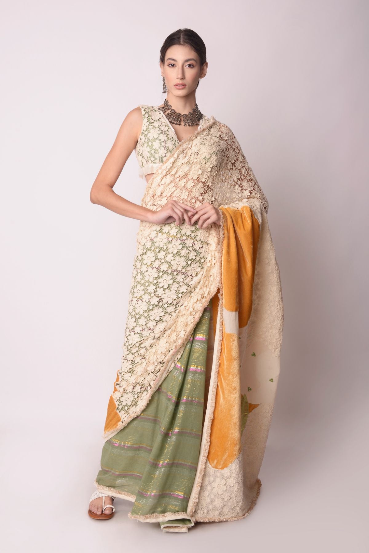 Patchwork Saree With Cutwork V-neck Blouse