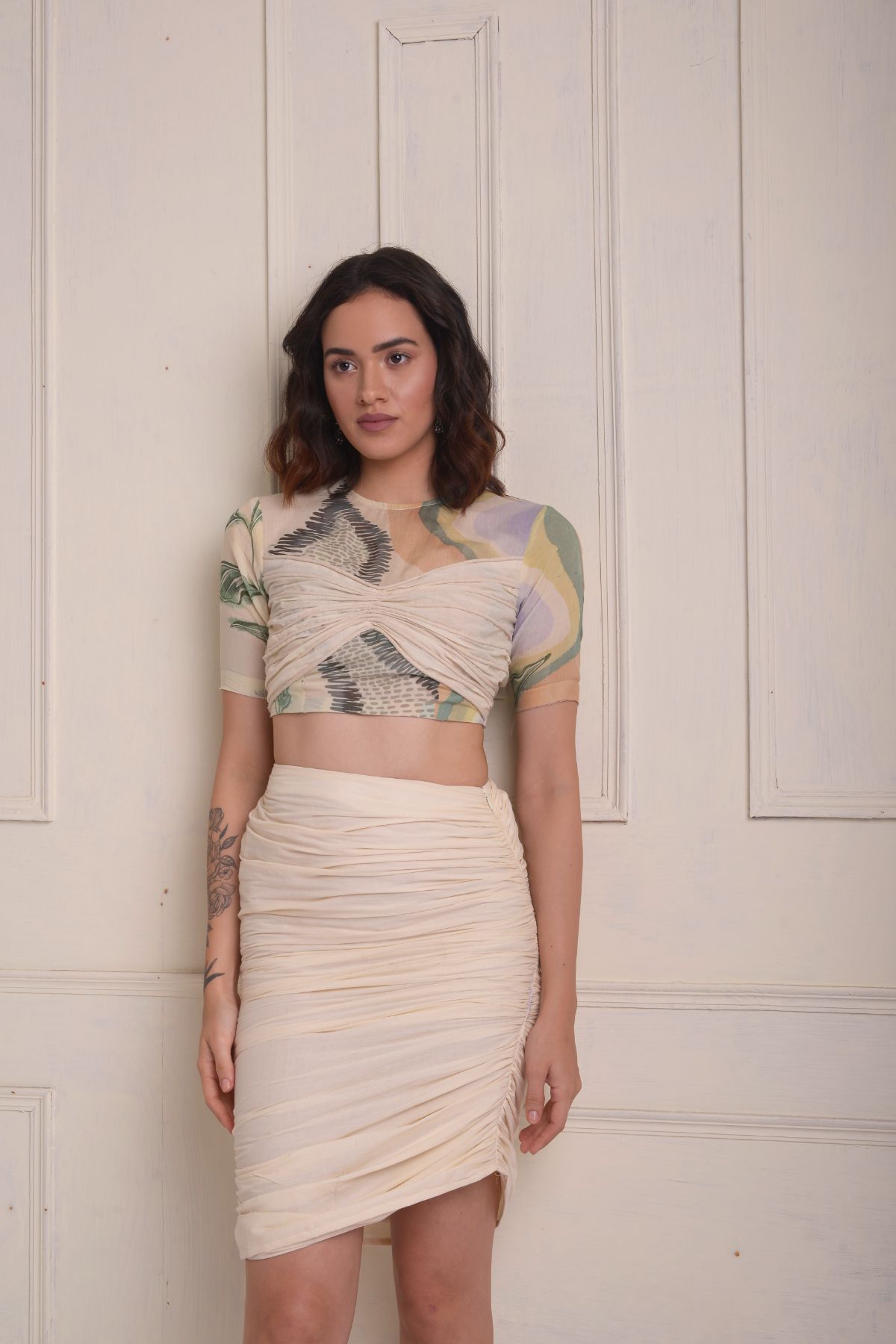 Ruched printed cropped with ruched skirt.