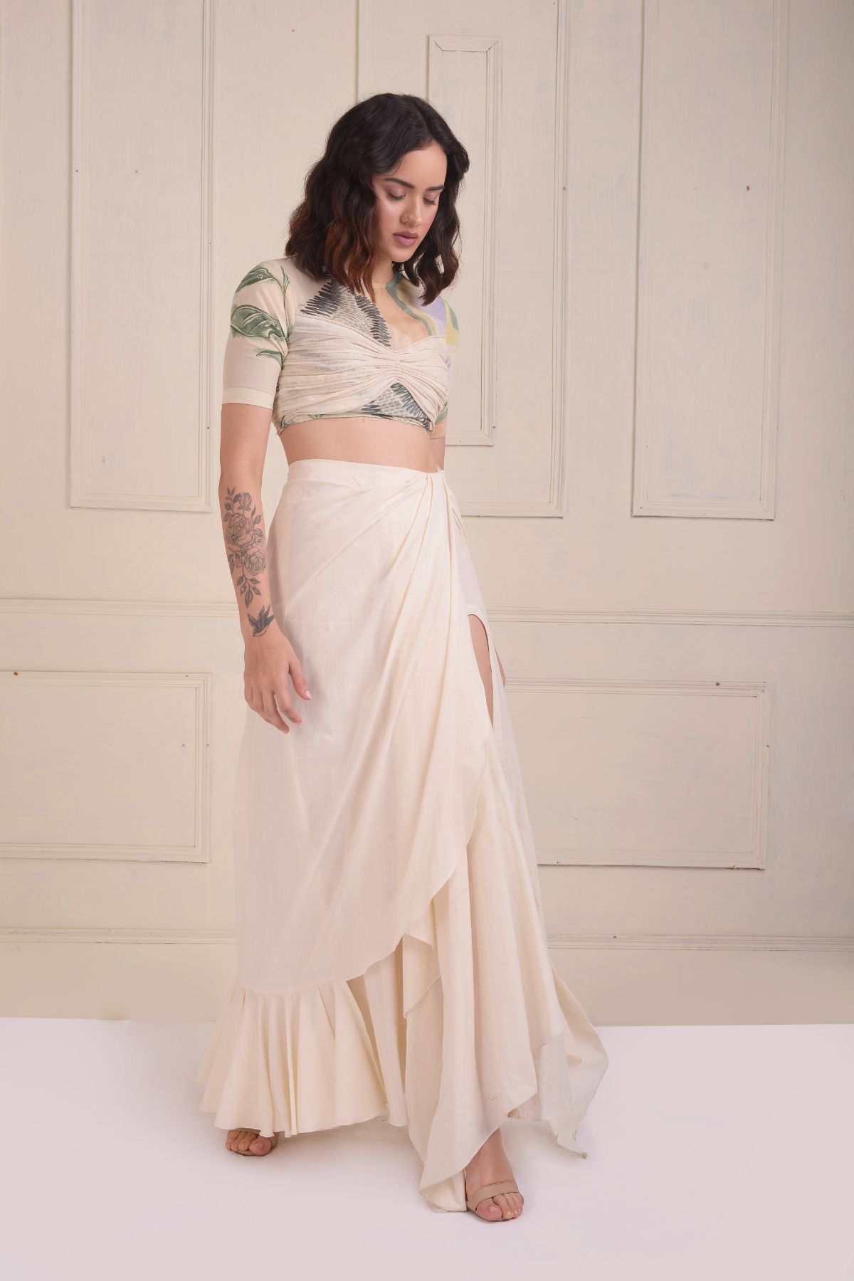 Ruched printed crop top with a draped skirt